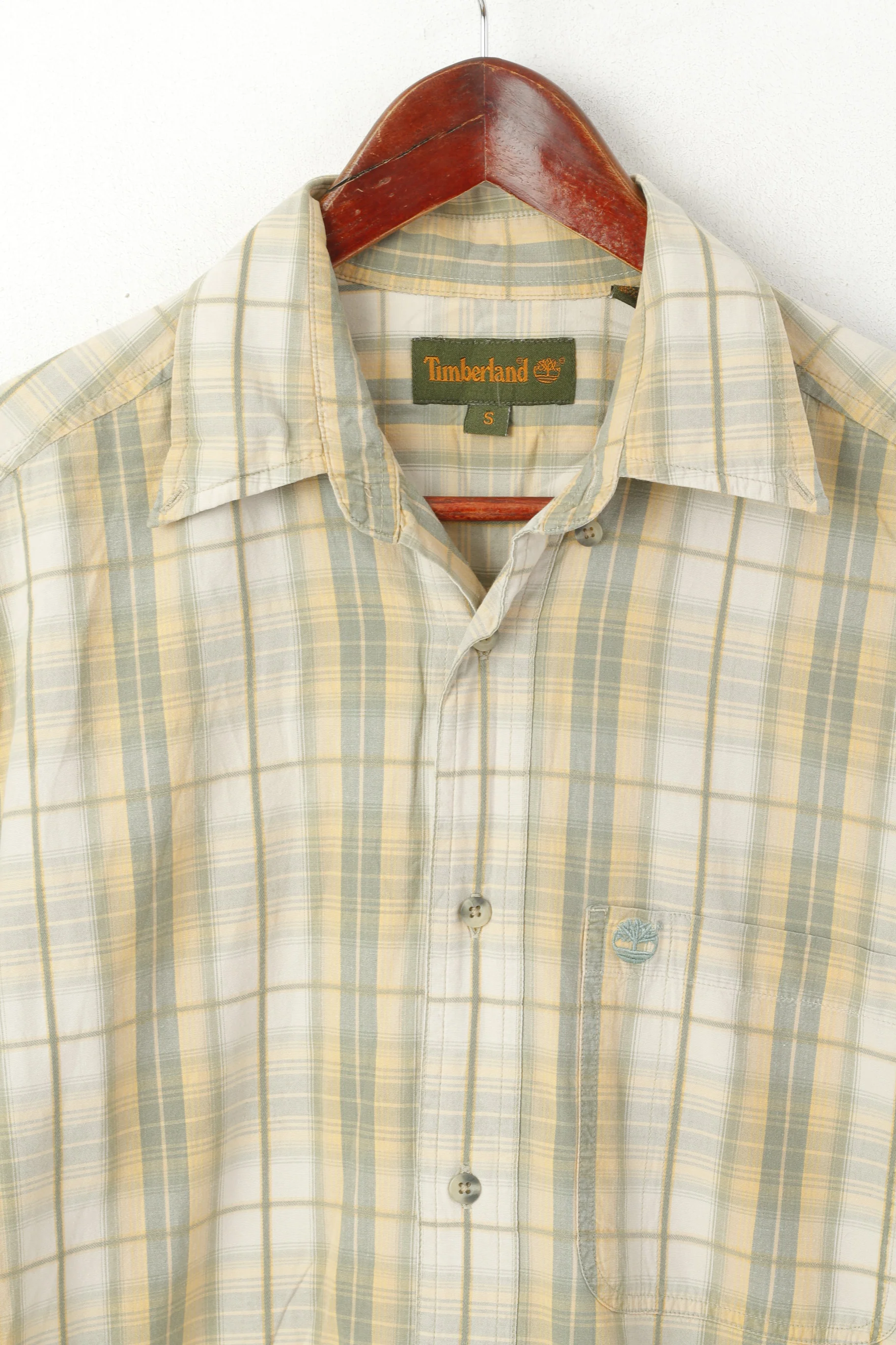 Timberland Men S Casual Shirt Green Check Cotton Vintage Short Sleeve Top - Image 2
