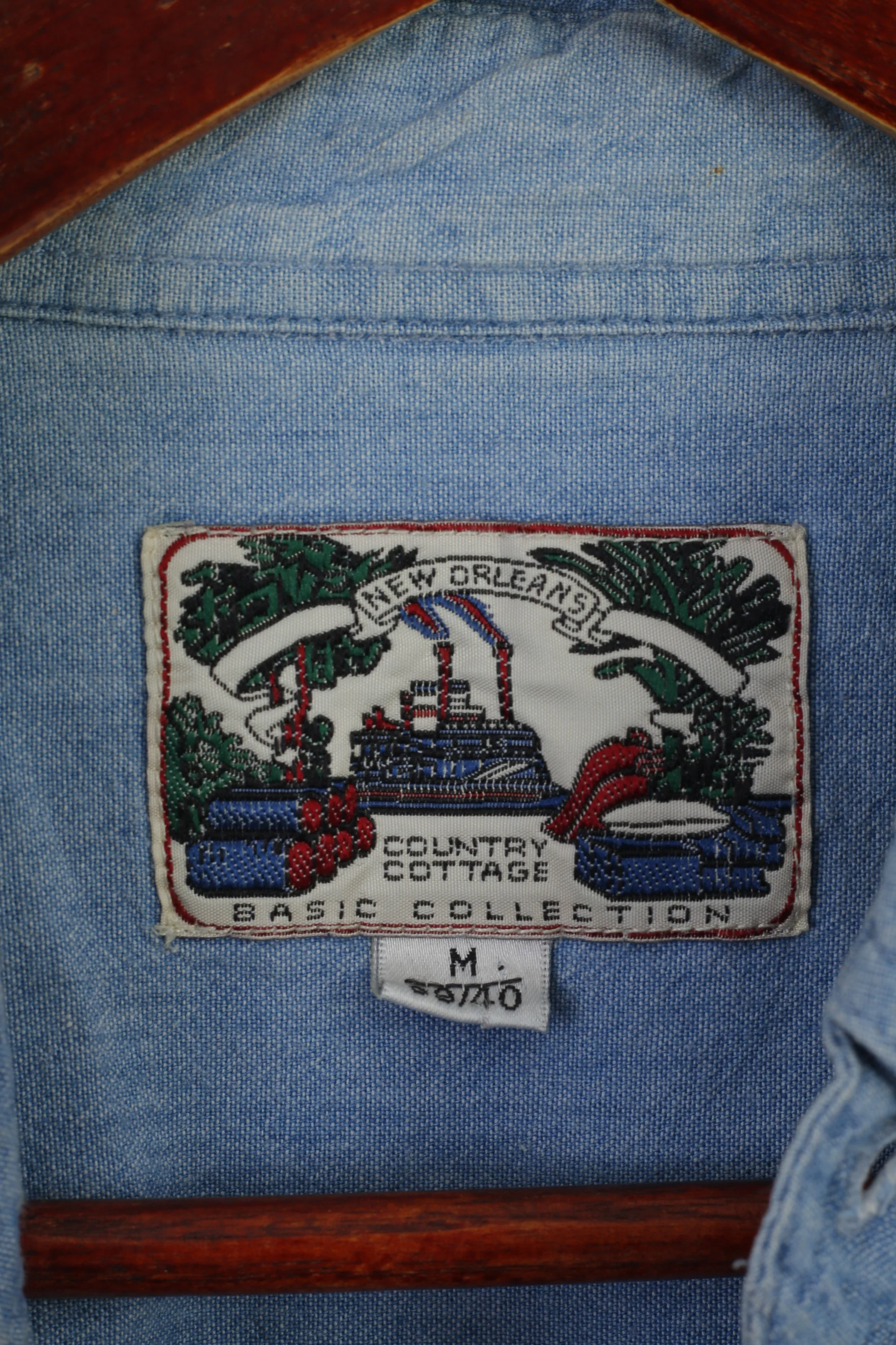 New Orleans Men M Casual Shirt Blue Jeans Vintage Denim Basic Cotton Short Sleeve Top - Image 4