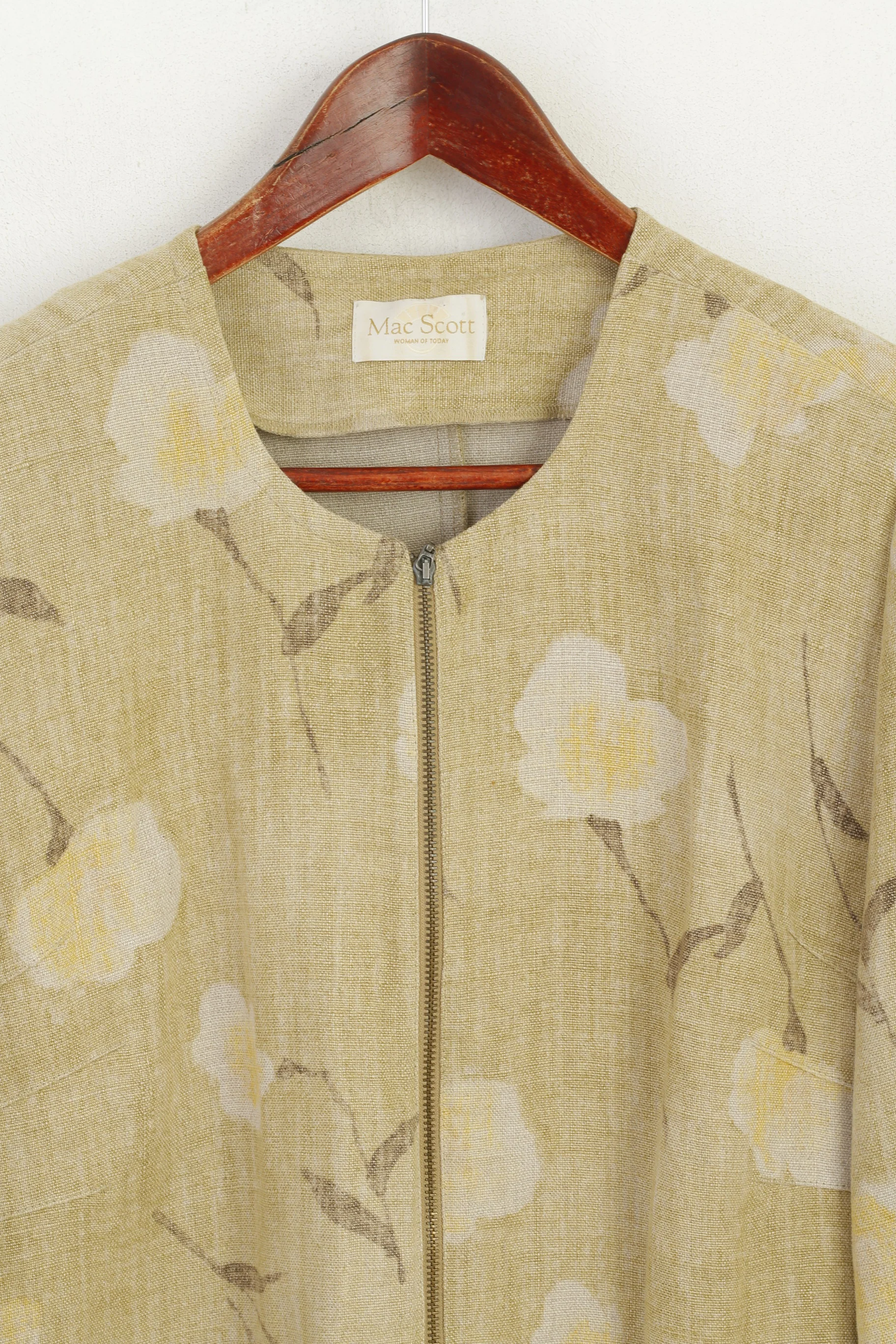 Mac Scott Women XL Blazer Green 100% Linen Floral Shoulder Pads Retro Full Zip Top - Image 3