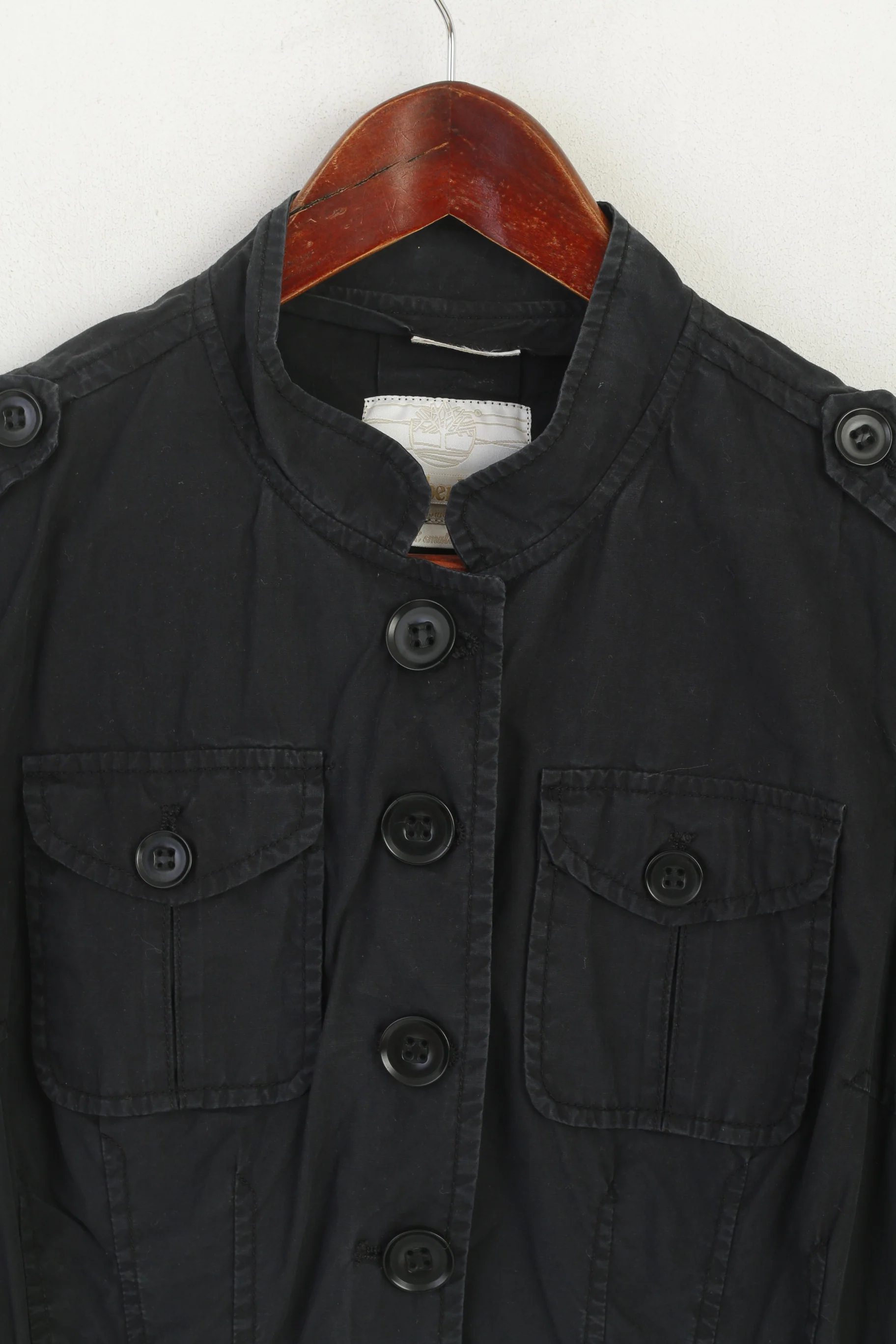 Timberland Women XS Jacket Black Cotton Military Single Breasted Lightweight Top - Image 2