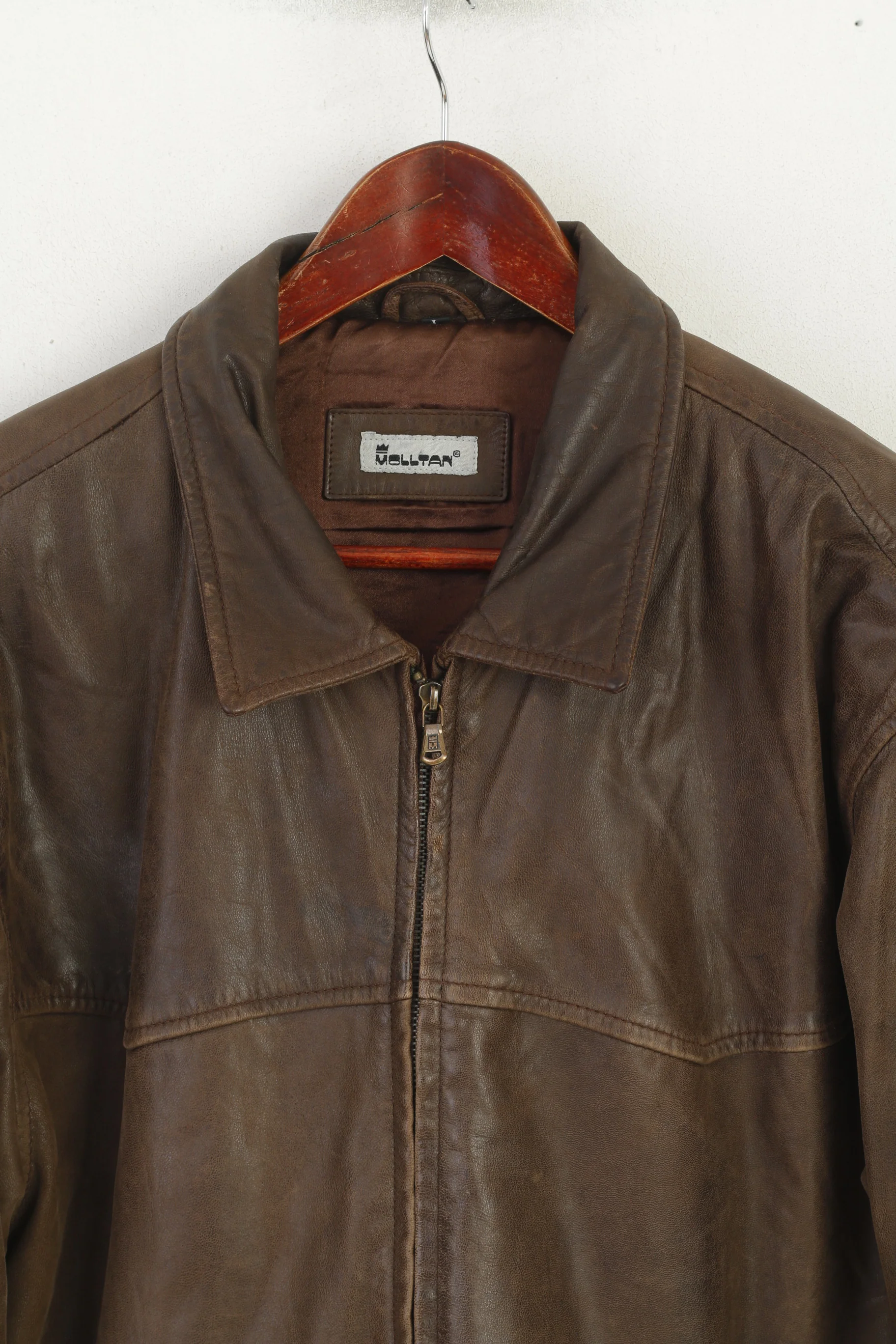 Molltan Men L Jacket Brown Leather Vintage Full Zip Harrington Classic Top - Image 2