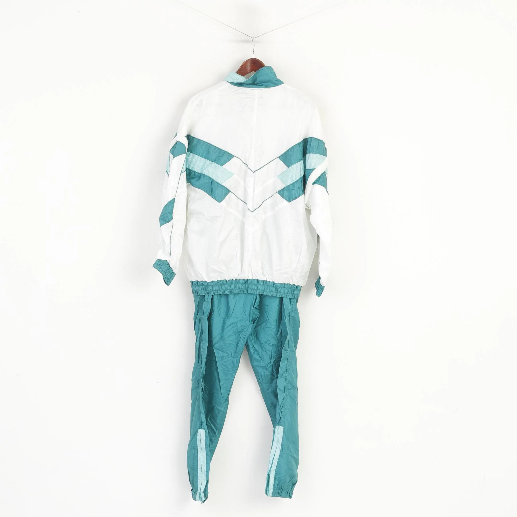 Sport Spirit Women 42 L Tracksuit White Green Vintage Shiny Jacket Trousers Nylon Waterproof Festival Set - Image 2