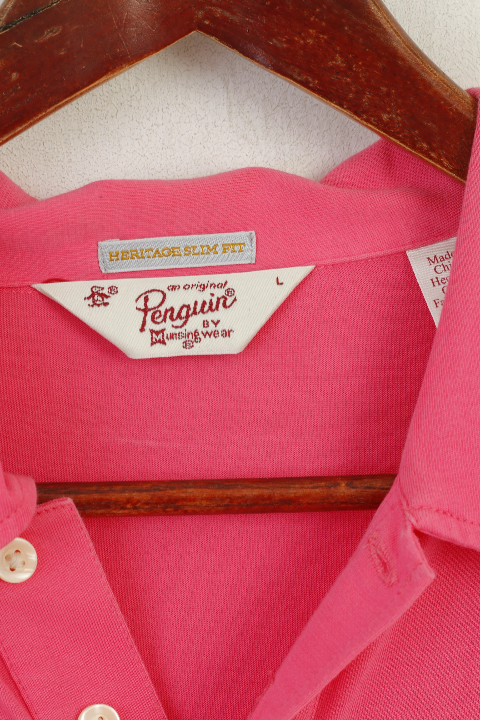 Penguin Men L Polo Shirt Pink Cotton Heritage Slim Fit Pocket Plain Top - Image 3