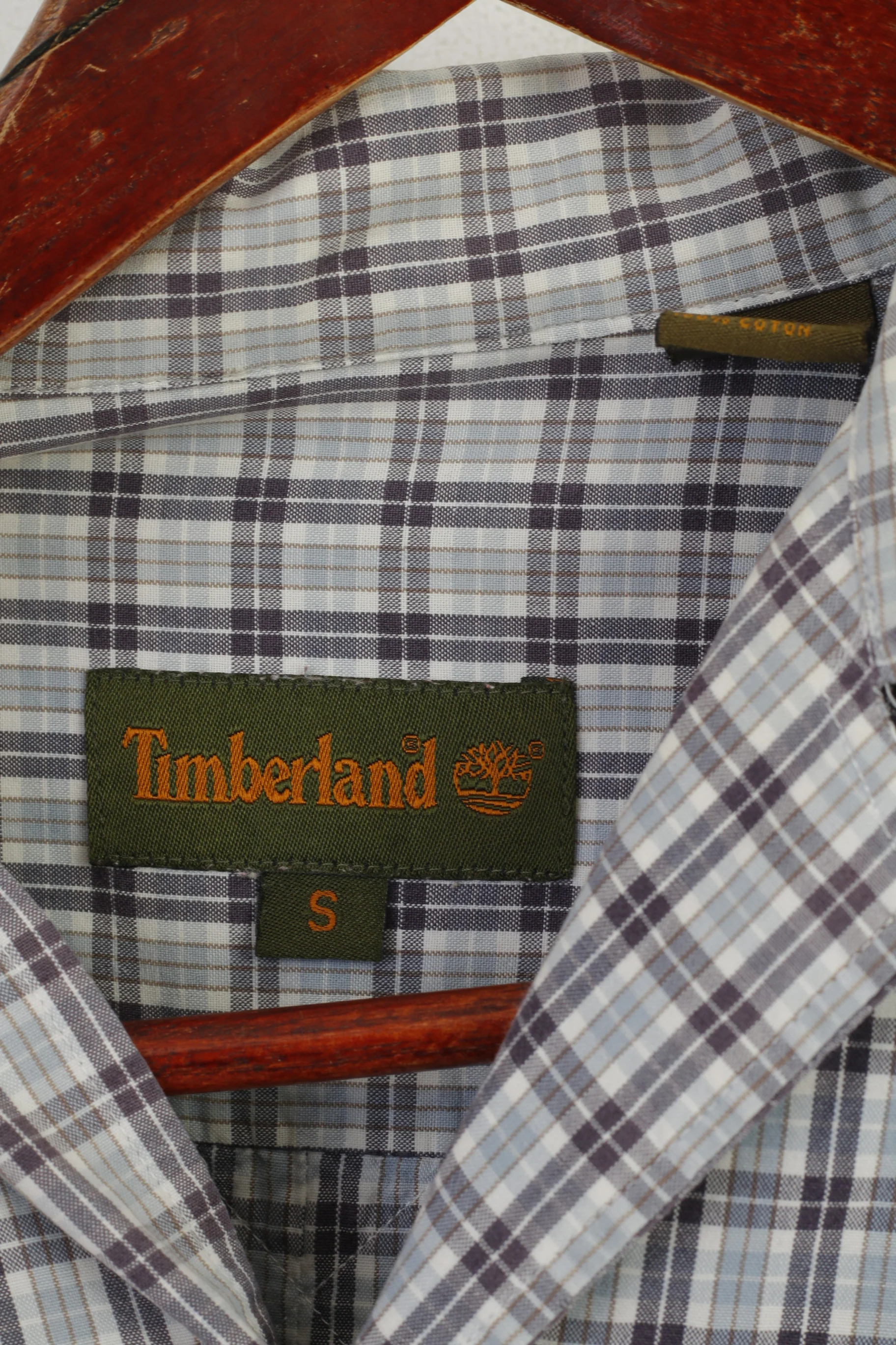 Timberland Men S (L) Casual Shirt Blue Cotton Check Vintage Short Sleeve Top - Image 4