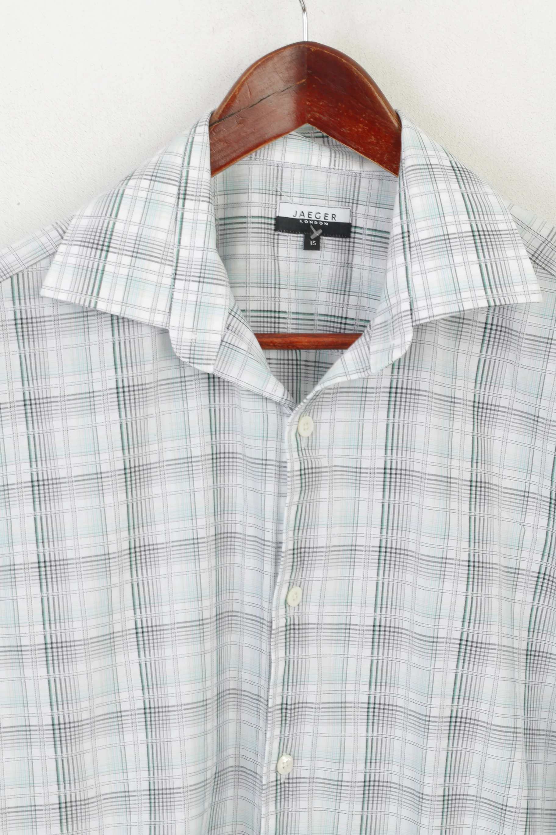 Jaeger London Men 15 S Casual Shirt Green Check Cotton Short Sleeve Top - Image 2