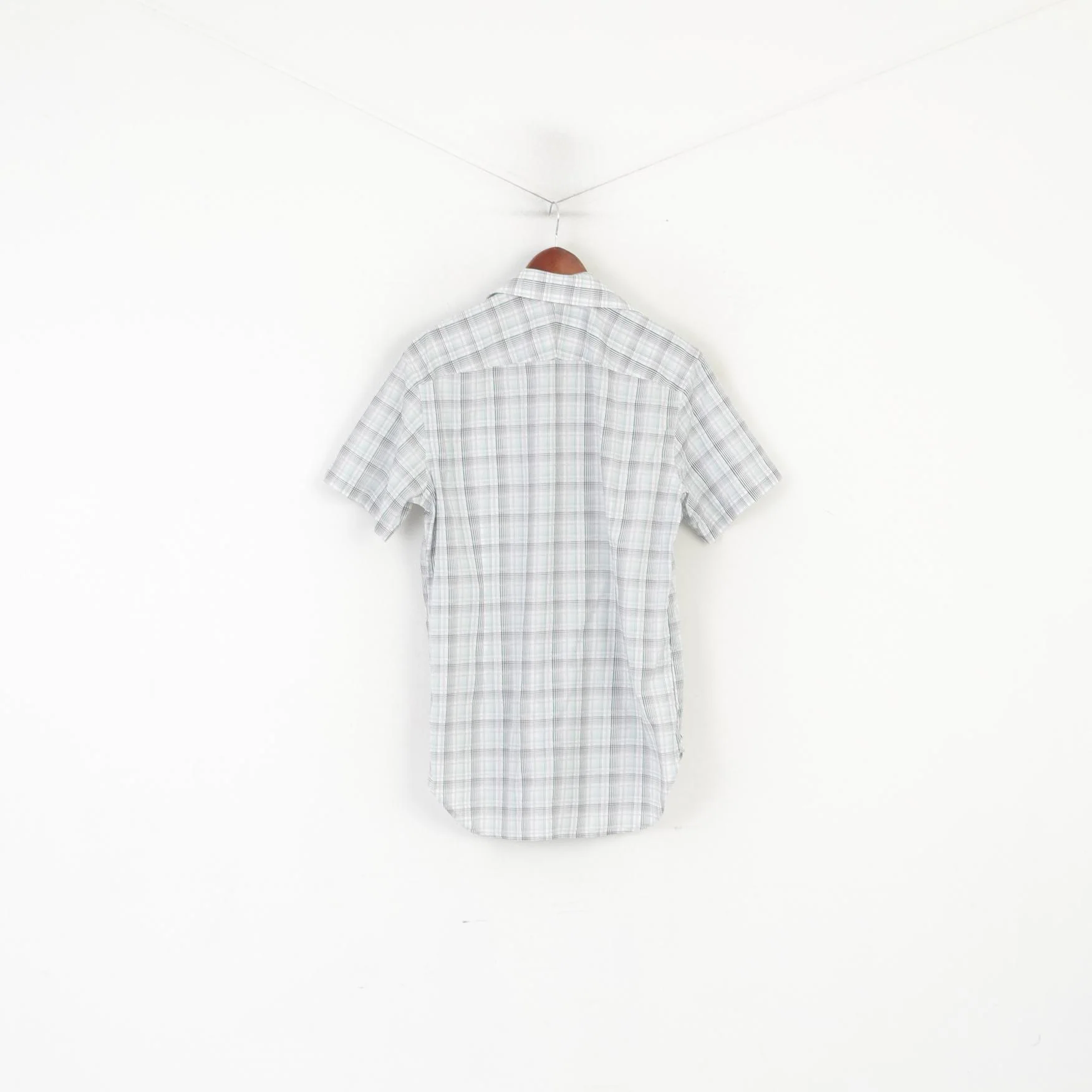 Jaeger London Men 15 S Casual Shirt Green Check Cotton Short Sleeve Top - Image 5