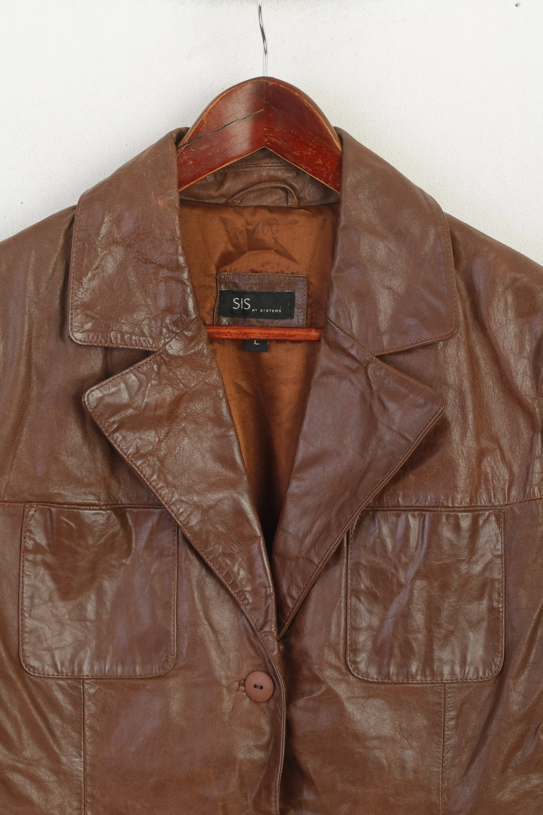 SIS by Sisters Women L (M) Jacket Brown Leather Vintage Single Breasted Blazer - Image 2