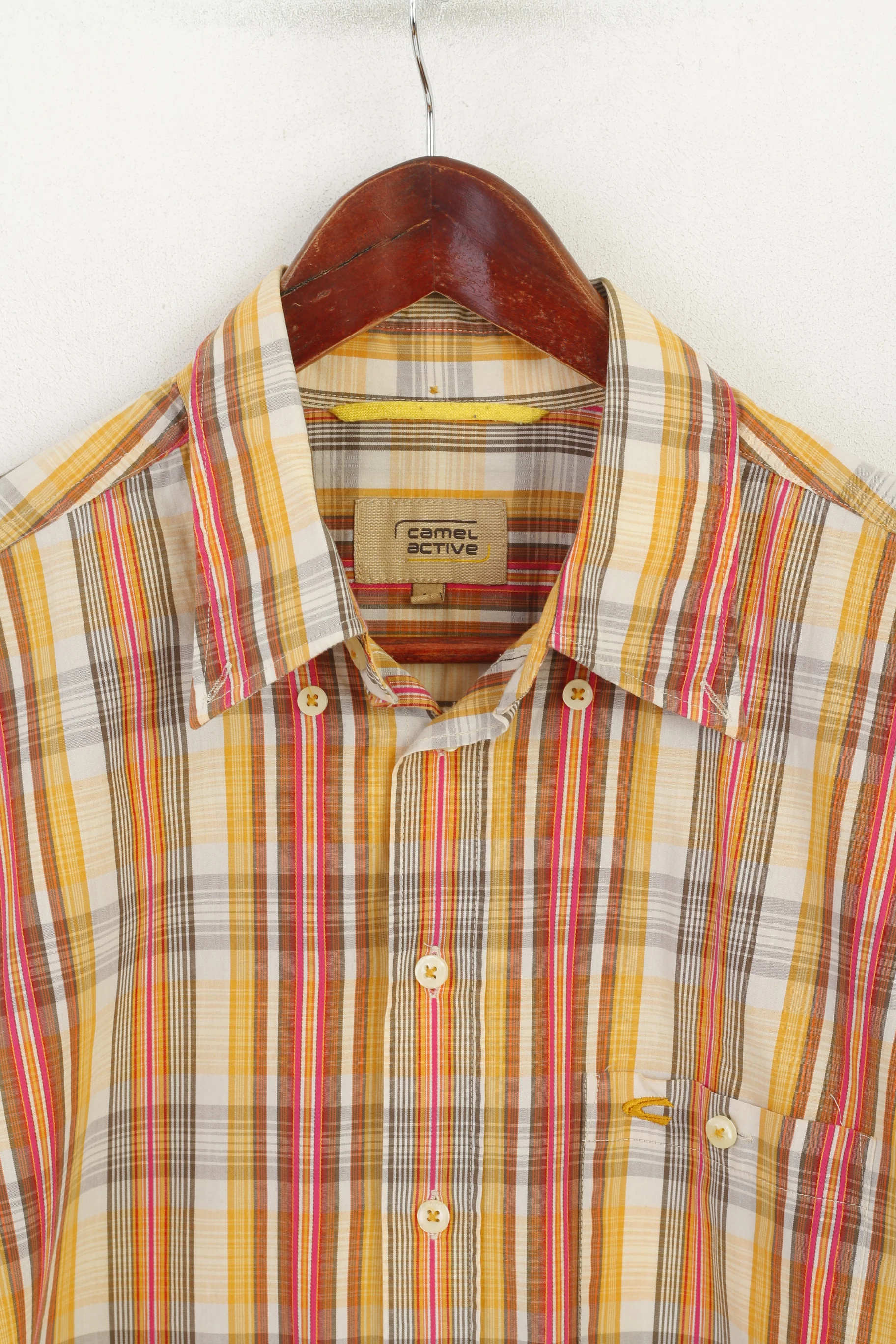 Camel Active Men L Casual Shirt Orange Cotton Checkered Outdoor Long Sleeve Top - Image 2