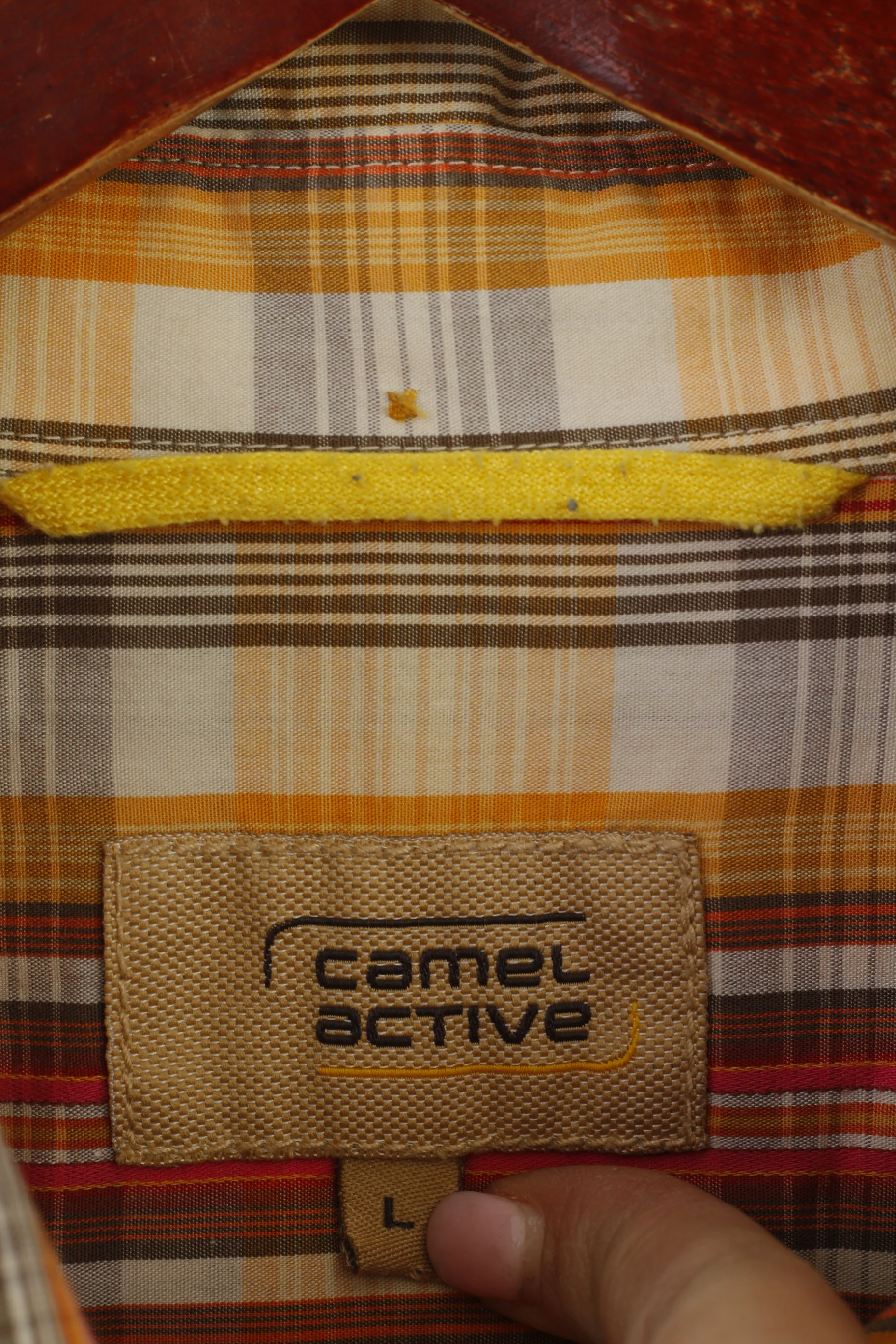 Camel Active Men L Casual Shirt Orange Cotton Checkered Outdoor Long Sleeve Top - Image 4