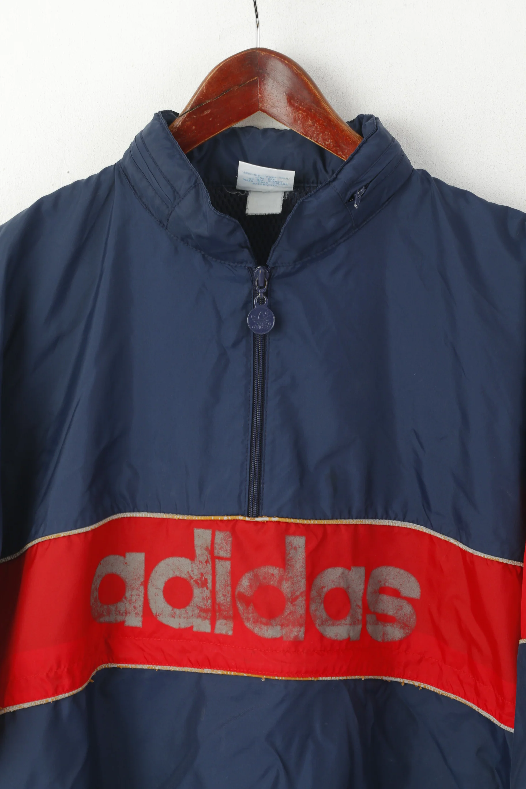 Adidas Men XL Pullover Jacket Navy Vintage Zip Neck Hidden Hood Reflective Top - Image 2