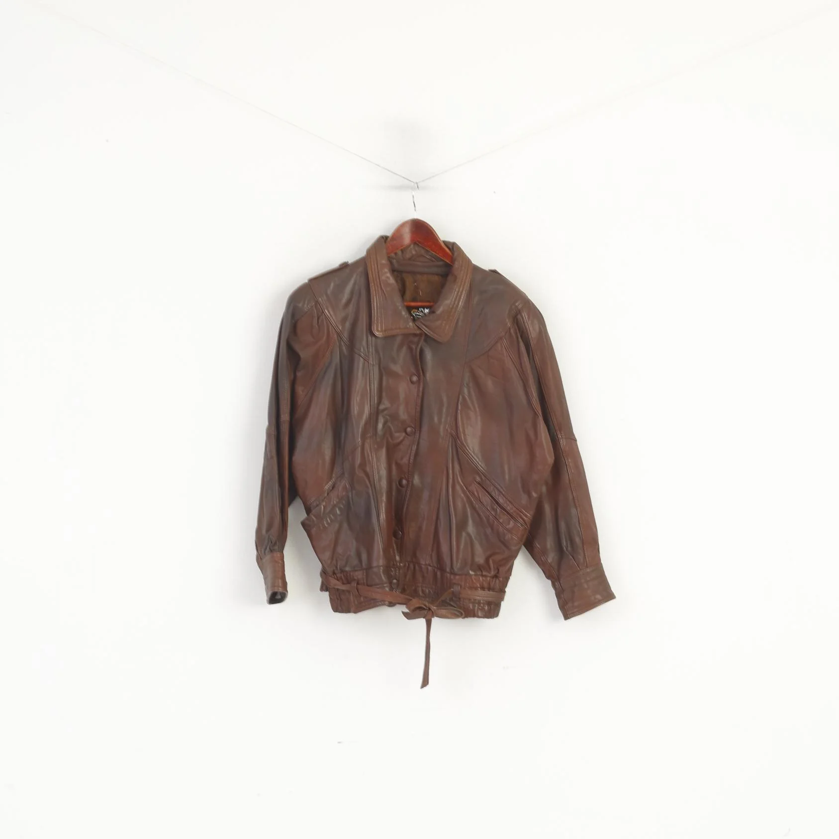 Tigers Royal Women M Bomber Jacket Brown Leather Snap Shoulder Pads Vintage Top - Image 2