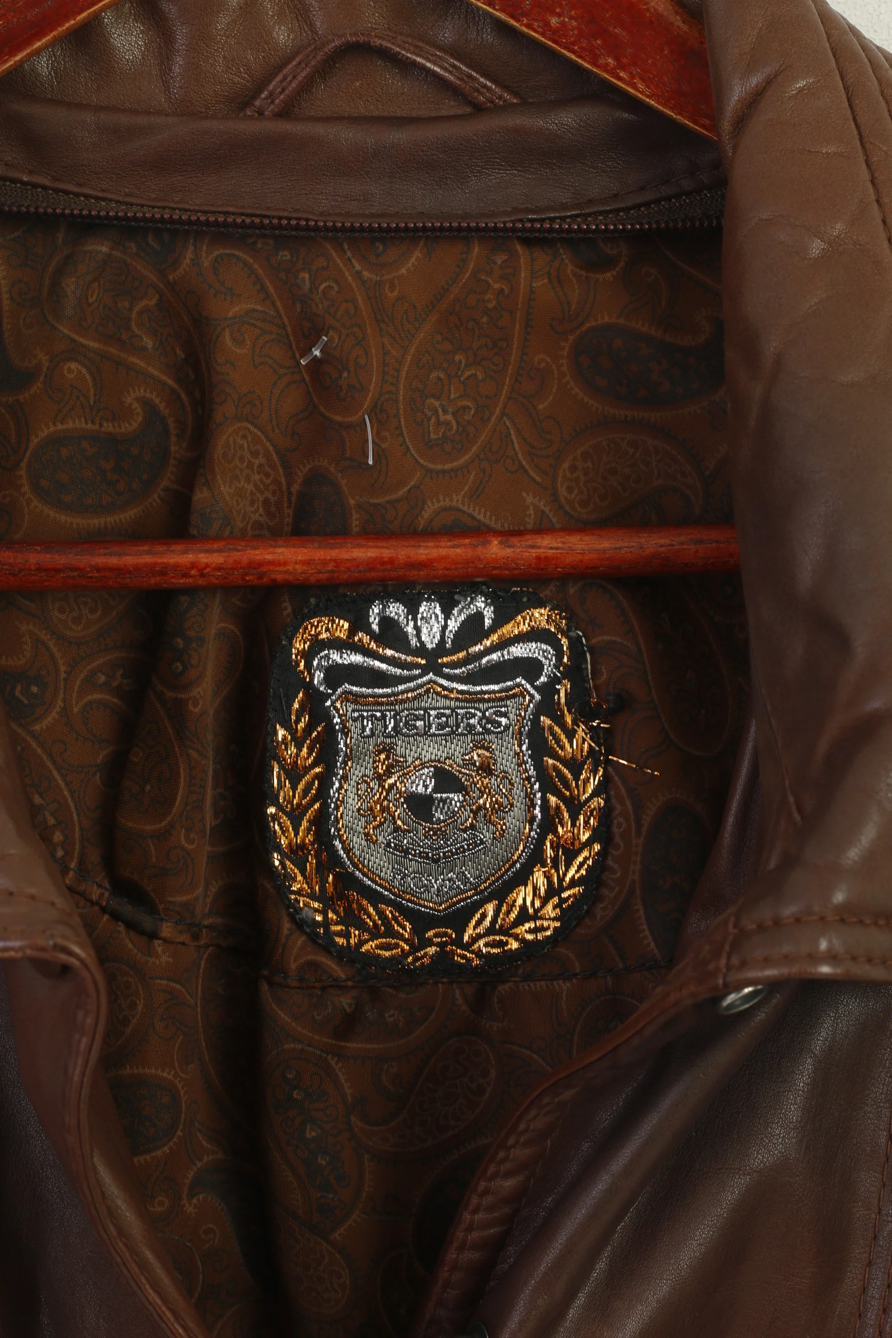 Tigers Royal Women M Bomber Jacket Brown Leather Snap Shoulder Pads Vintage Top - Image 5