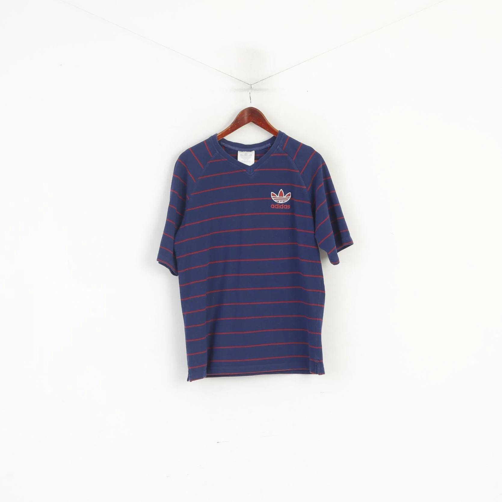 Adidas Men M Shirt Navy Striped Vintage Red Logo Raglan Sleeve Sport Top