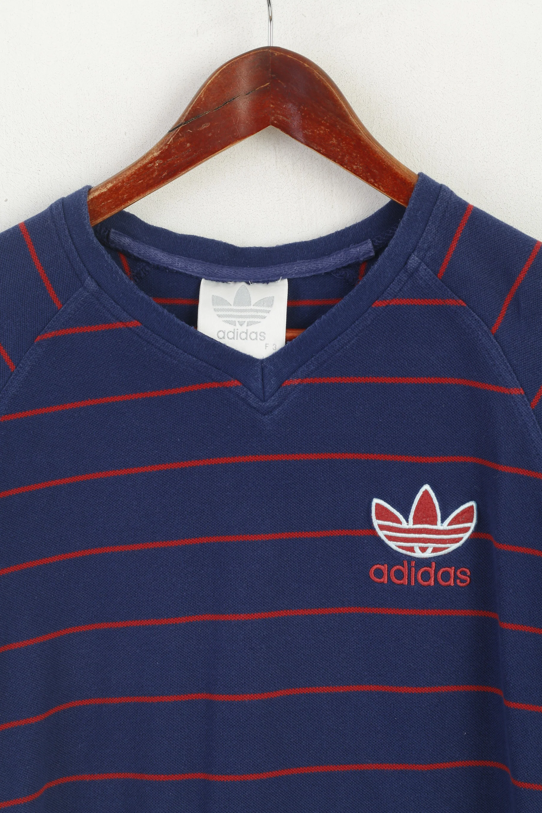 Adidas Men M Shirt Navy Striped Vintage Red Logo Raglan Sleeve Sport Top - Image 2