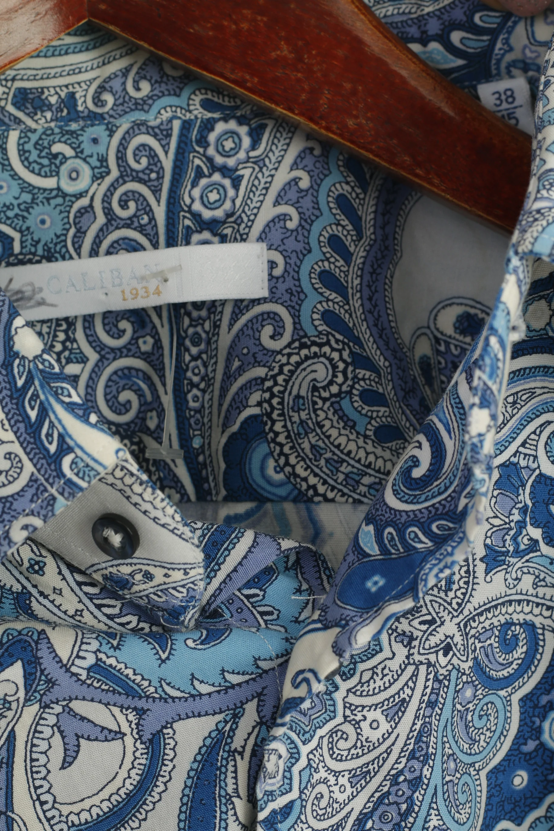 Caliban Men 38 15 S Casual Shirt Blue Cotton Blue Printed Floral Retro Long Sleeve Top - Image 4