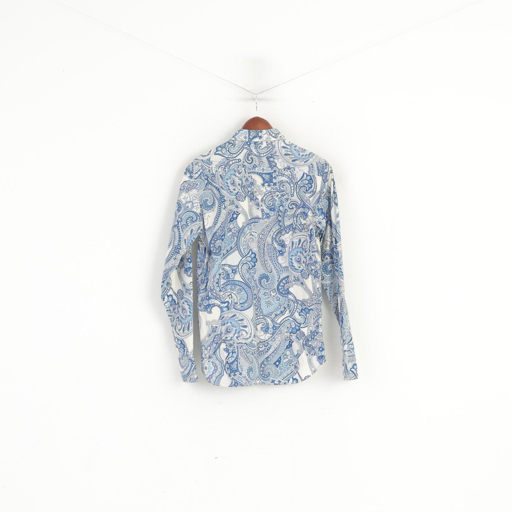 Caliban Men 38 15 S Casual Shirt Blue Cotton Blue Printed Floral Retro Long Sleeve Top - Image 6