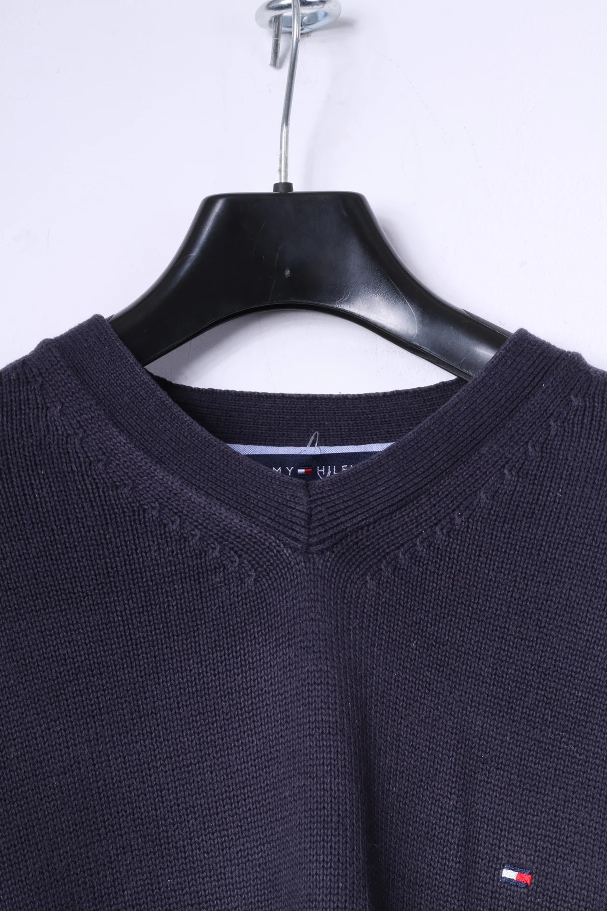 Tommy Hilfiger Mens S Jumper Navy 100% Cotton V Neck Knitwear Top - Image 2