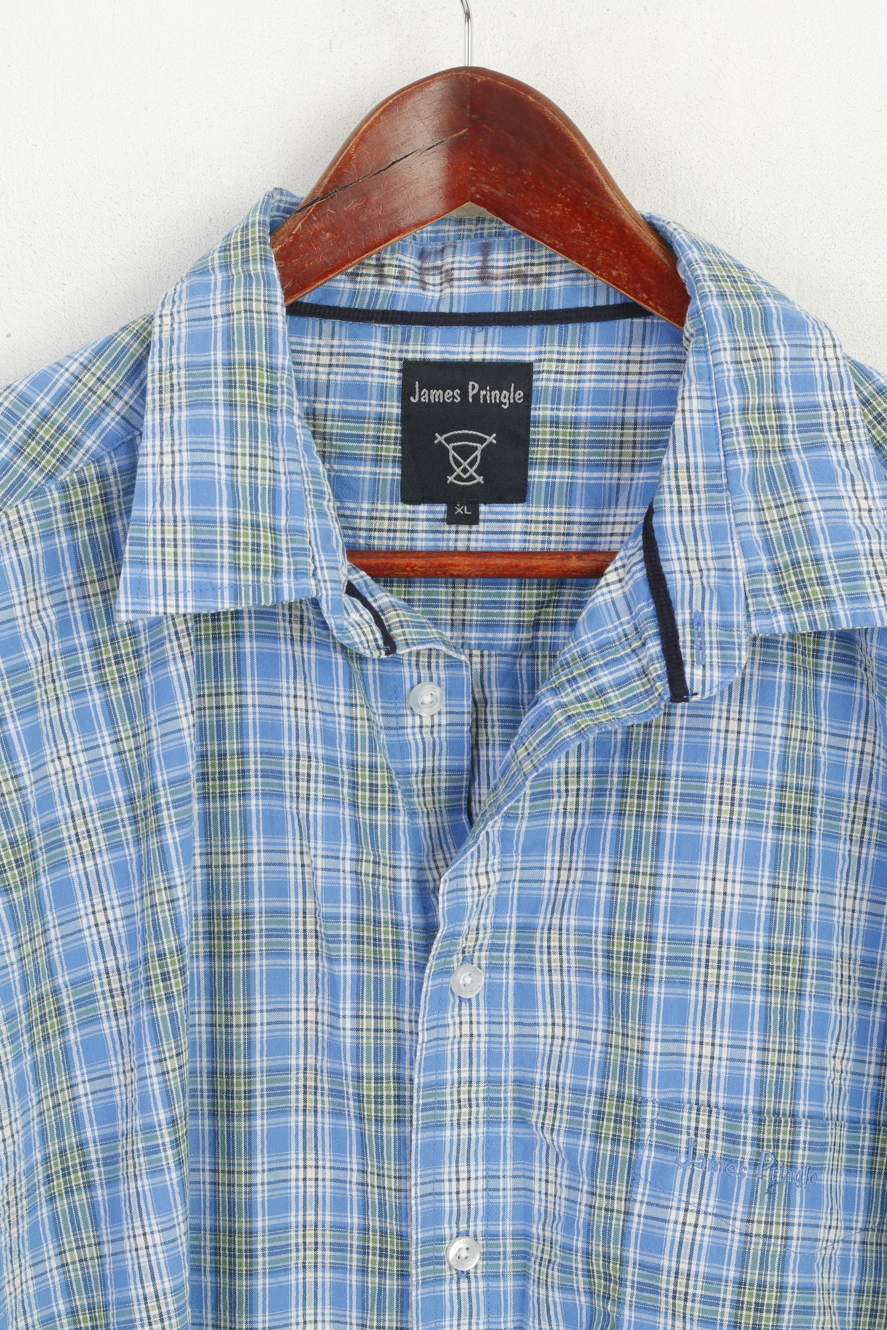James Pringle Men XL Casual Shirt Blue Check Cotton Blue Short Sleeve Pocket Top - Image 2