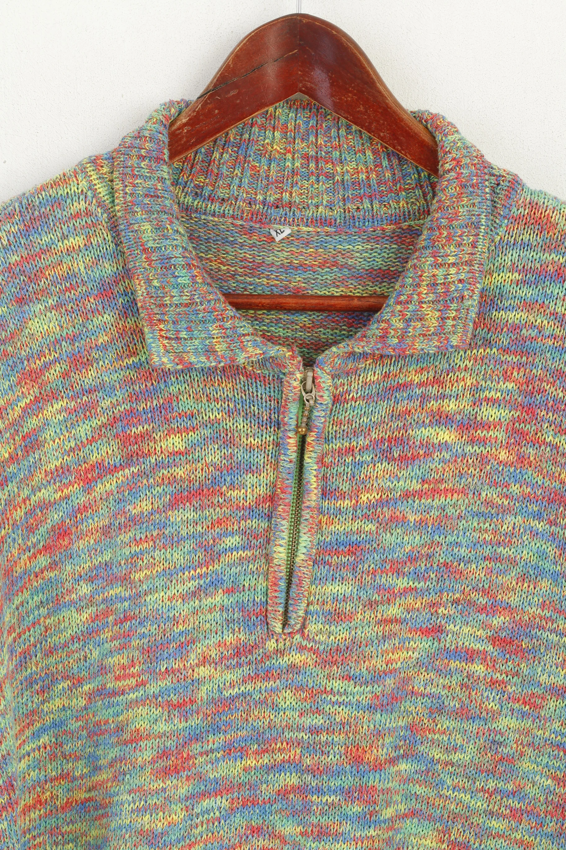 Vintage Women XL Jumper Multicolour Cotton Zip Neck Shoulder Pads Sweater - Image 2
