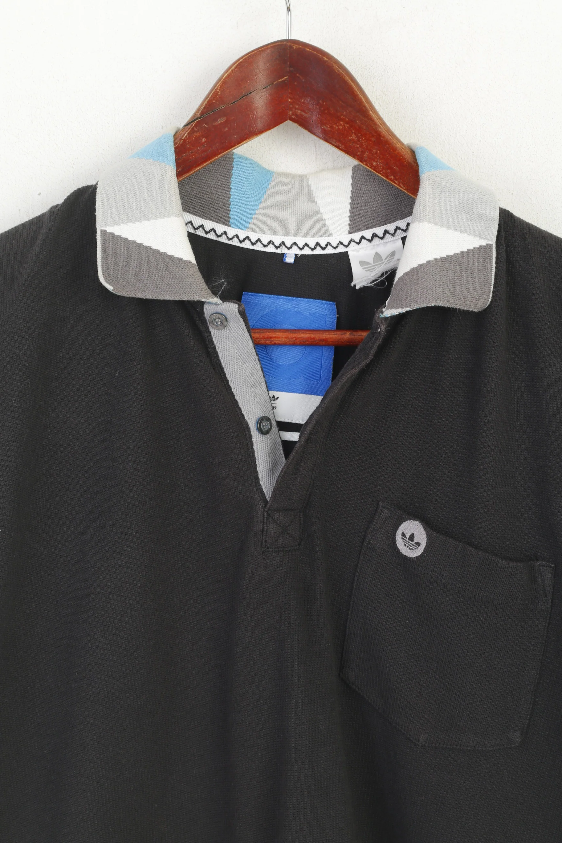 Adidas Originals Men 50 S Polo Shirt Black Cotton Printed Collar Fitted Pocket Top - Image 2