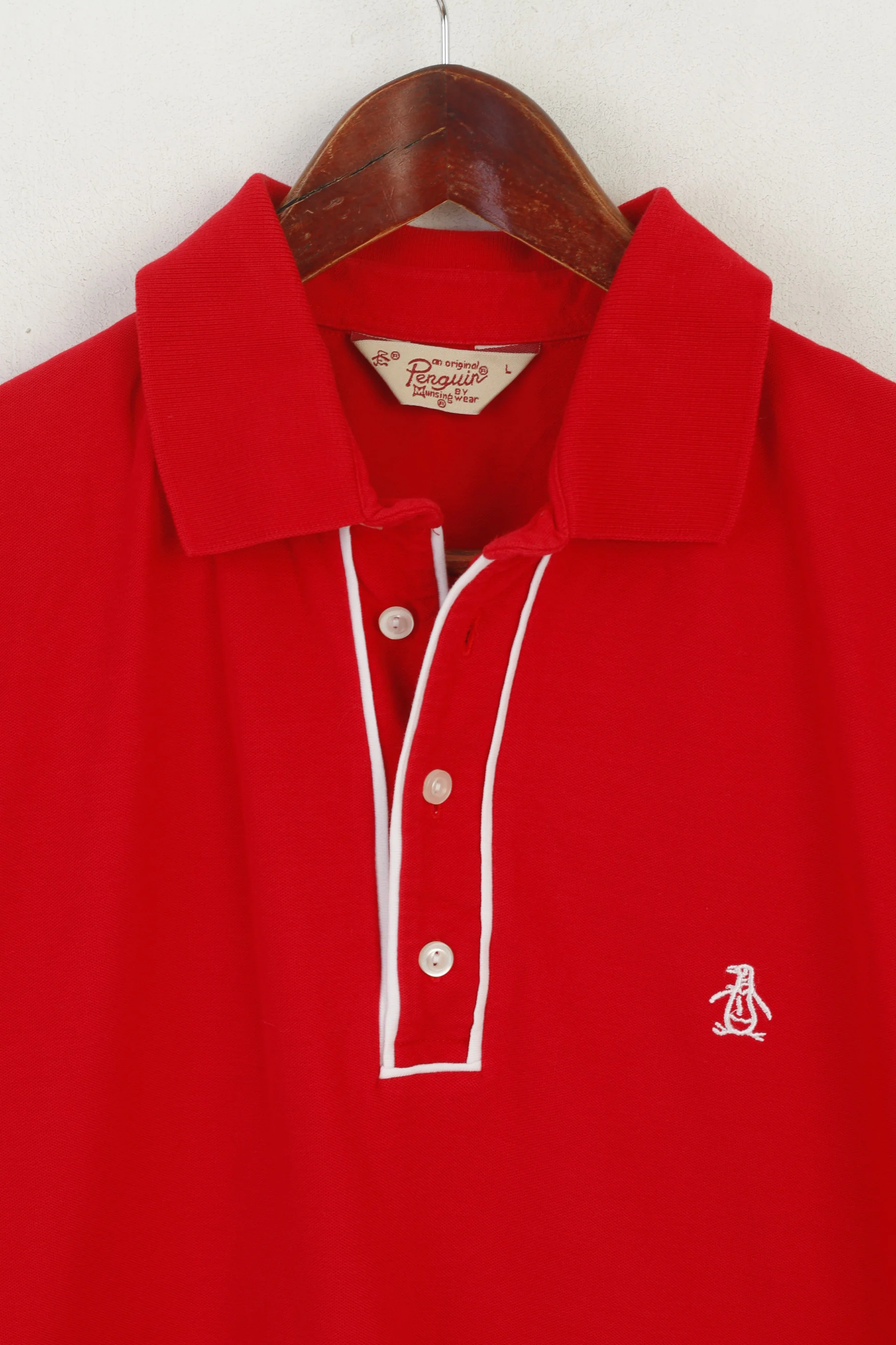 Penguin Men L (M) Polo Shirt Red Cotton Plain Classic Short Sleeve Top - Image 2