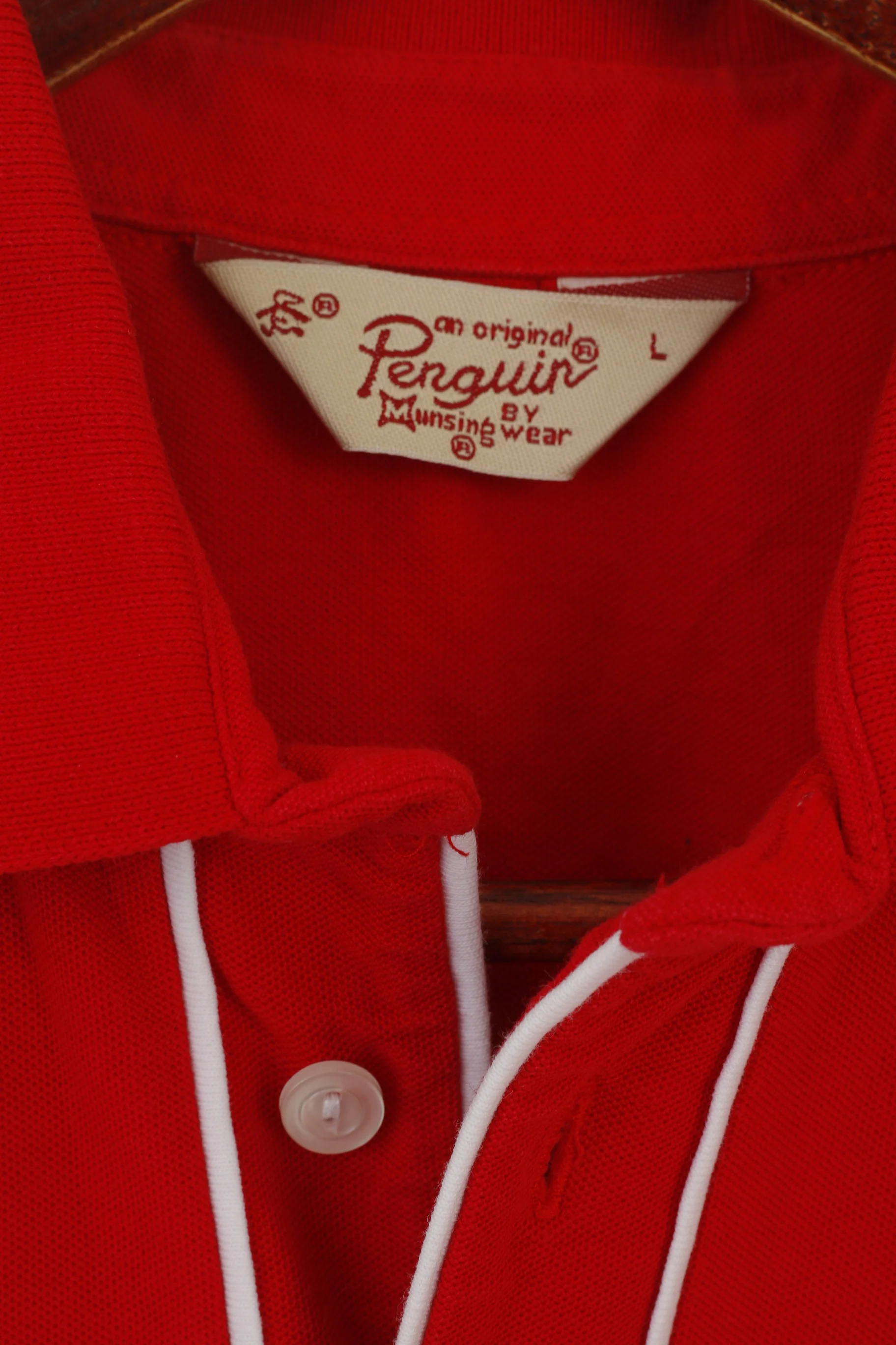 Penguin Men L (M) Polo Shirt Red Cotton Plain Classic Short Sleeve Top - Image 3
