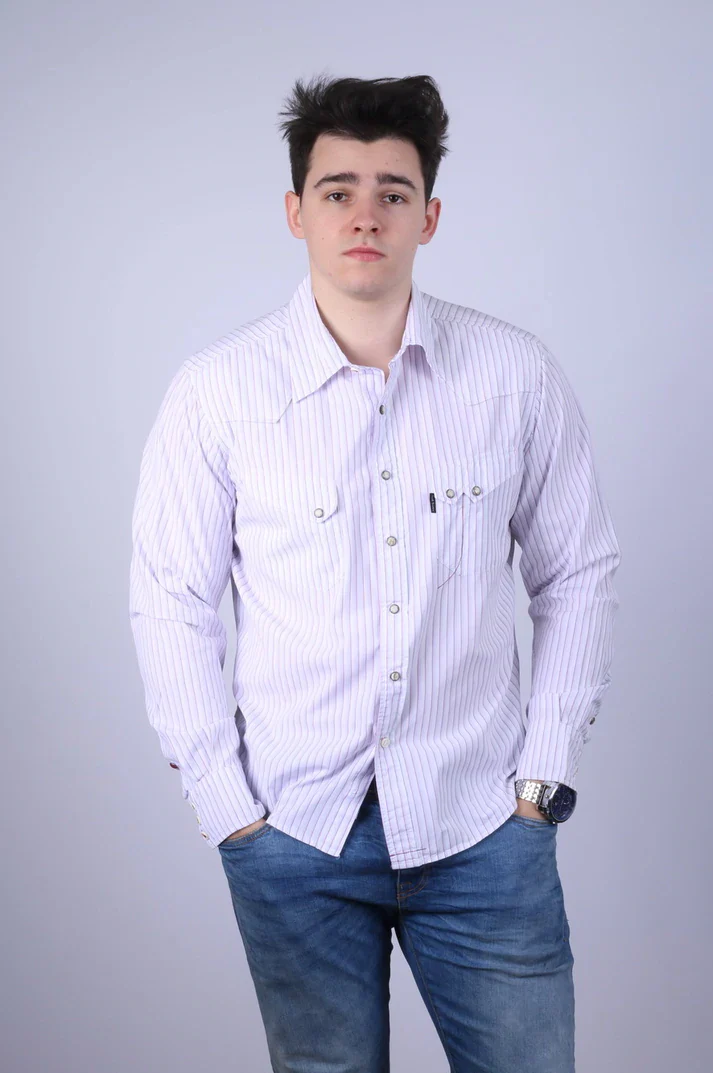 Red Ear Paul Smith Men XL Casual Shirt White Striped Cotton Long Sleeve Top - Image 8