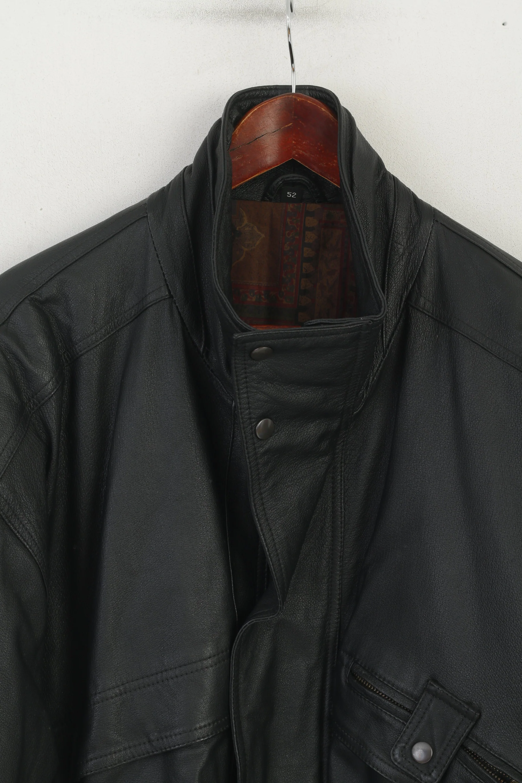 C&A Men 52 L Bomber Jacket Black Leather Vintage Full Zip Classic Biker Shoulder Pads Top - Image 2