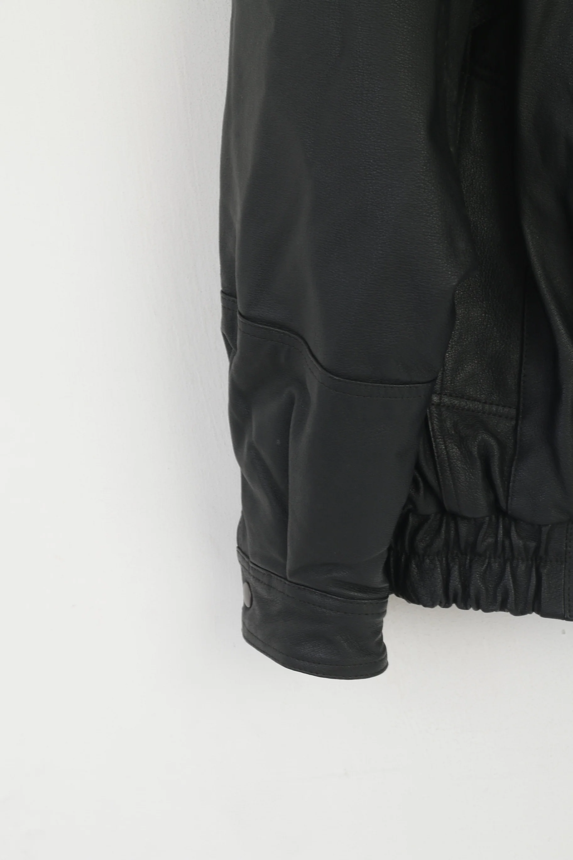 C&A Men 52 L Bomber Jacket Black Leather Vintage Full Zip Classic Biker Shoulder Pads Top - Image 3