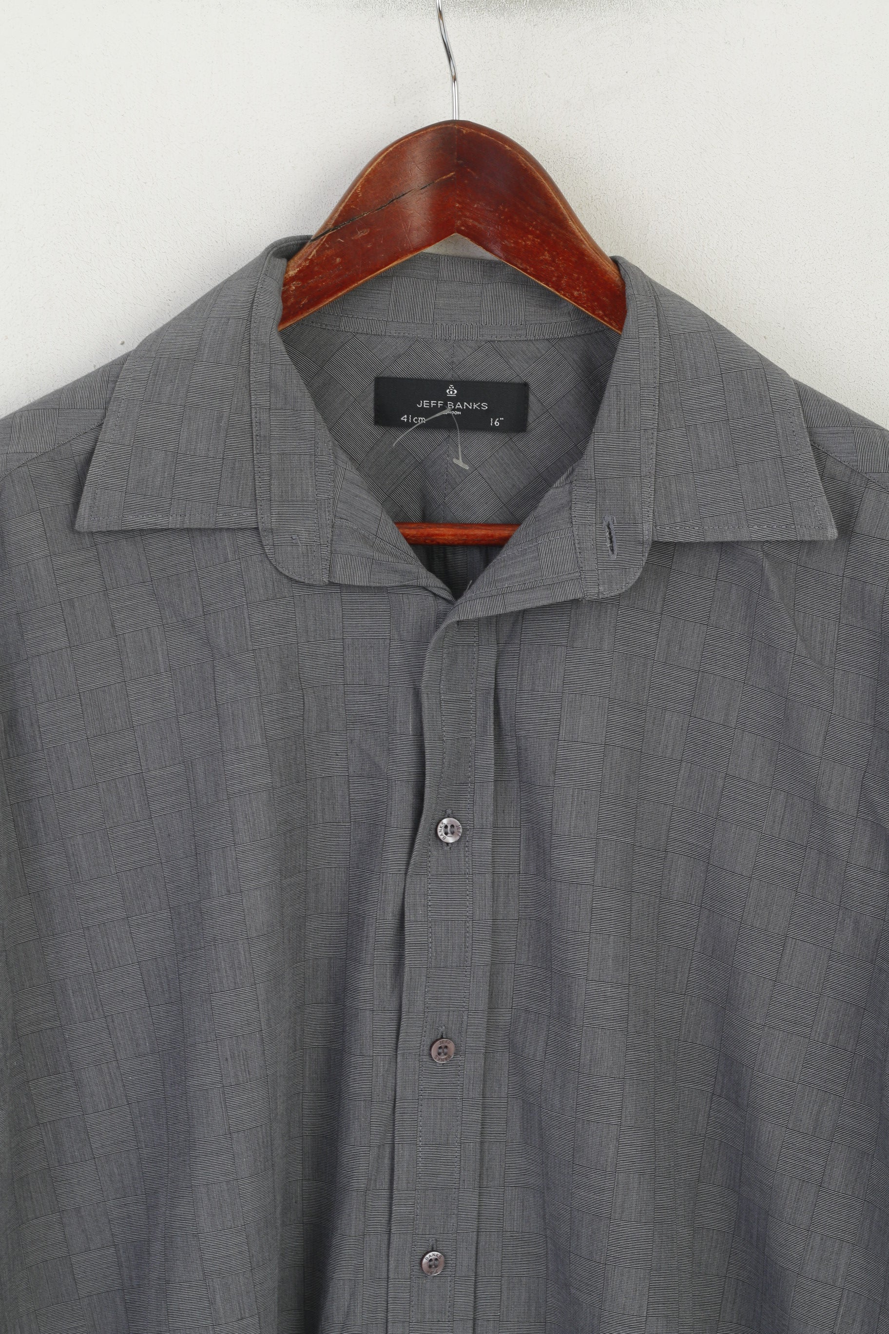Jeff Banks Men 41 16 L Casual Shirt Gray Cotton Check Long Sleeve Cuff Top - Image 2