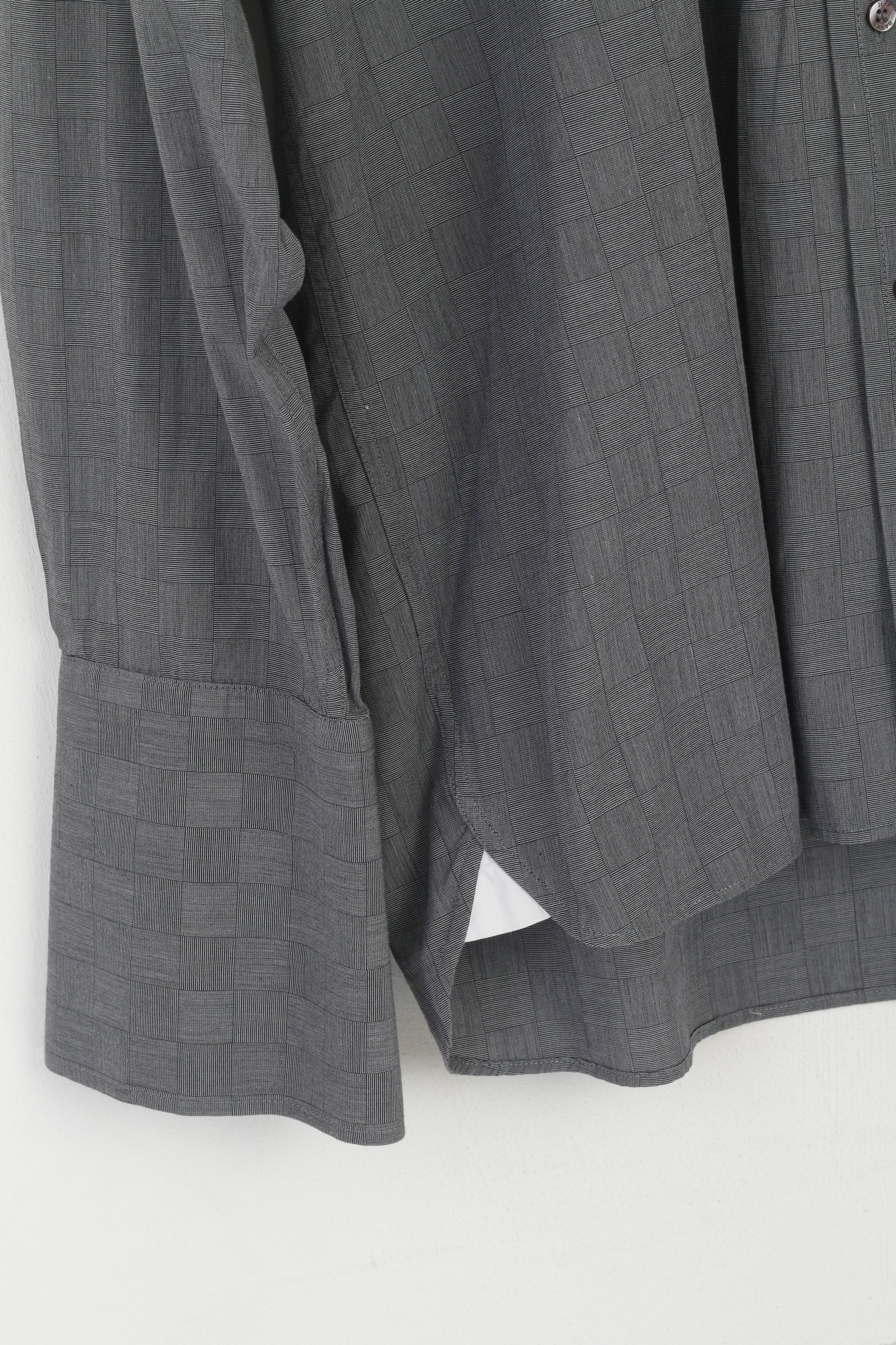 Jeff Banks Men 41 16 L Casual Shirt Gray Cotton Check Long Sleeve Cuff Top - Image 3