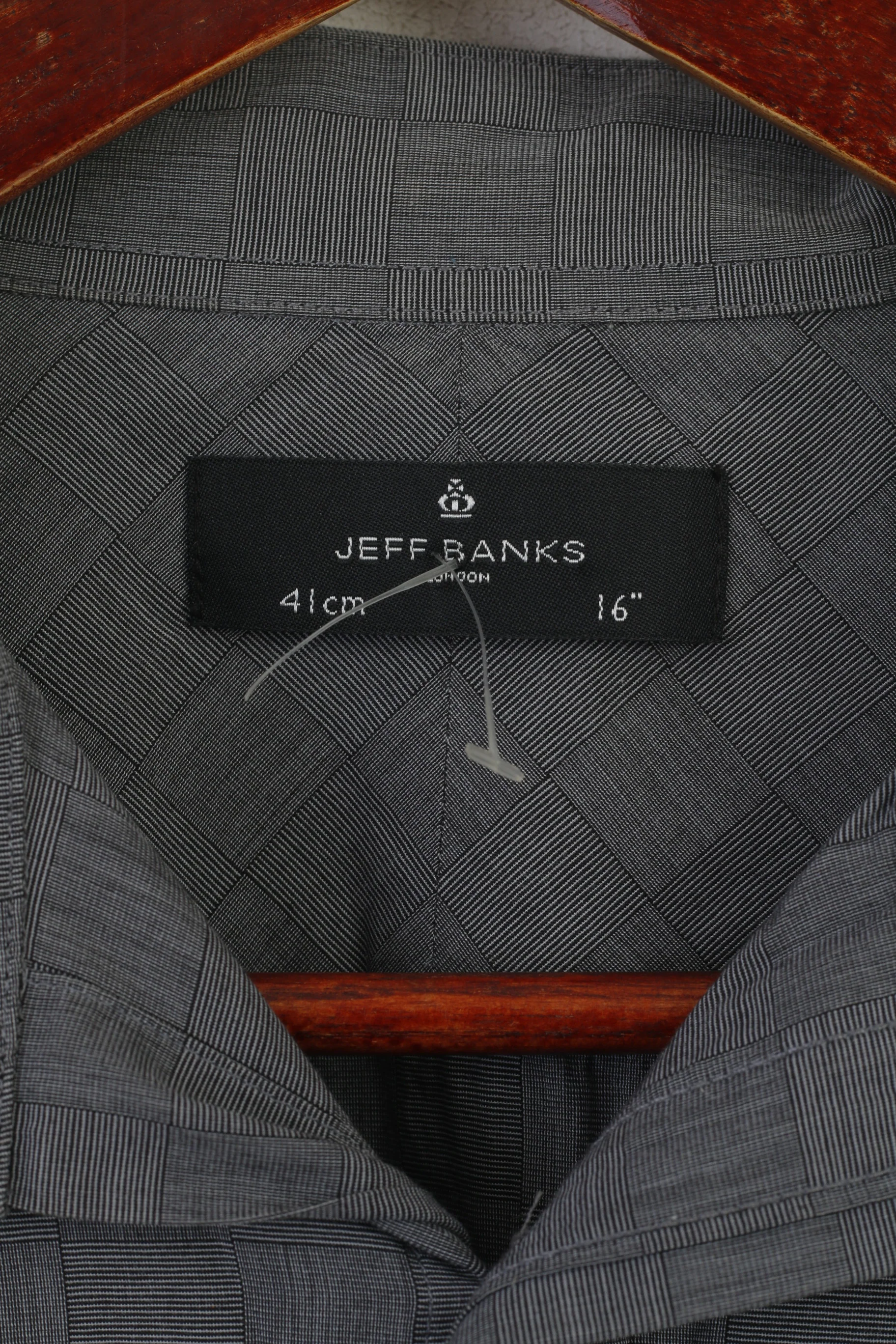 Jeff Banks Men 41 16 L Casual Shirt Gray Cotton Check Long Sleeve Cuff Top - Image 4