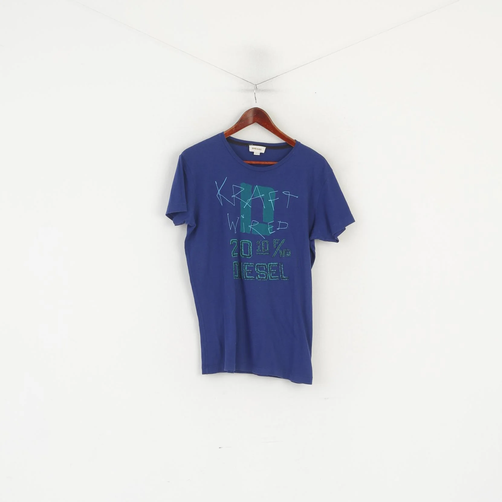 Diesel Men M Shirt Blue Cotton Graphic Embroidered Crew Neck Classic Top