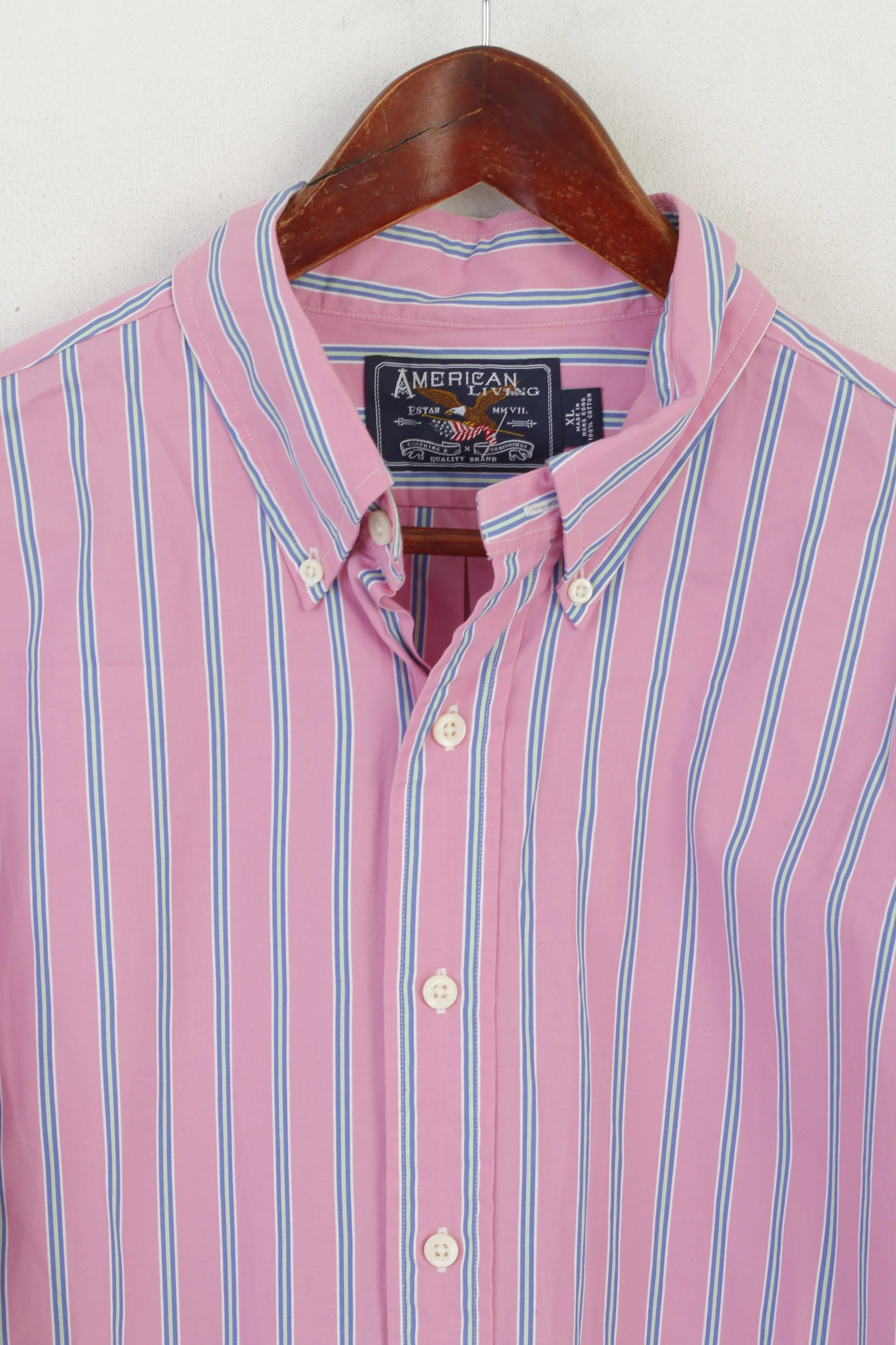American Living Men XL Casual Shirt Pink Cotton Striped Button Down Collar Long Sleeve Top - Image 2