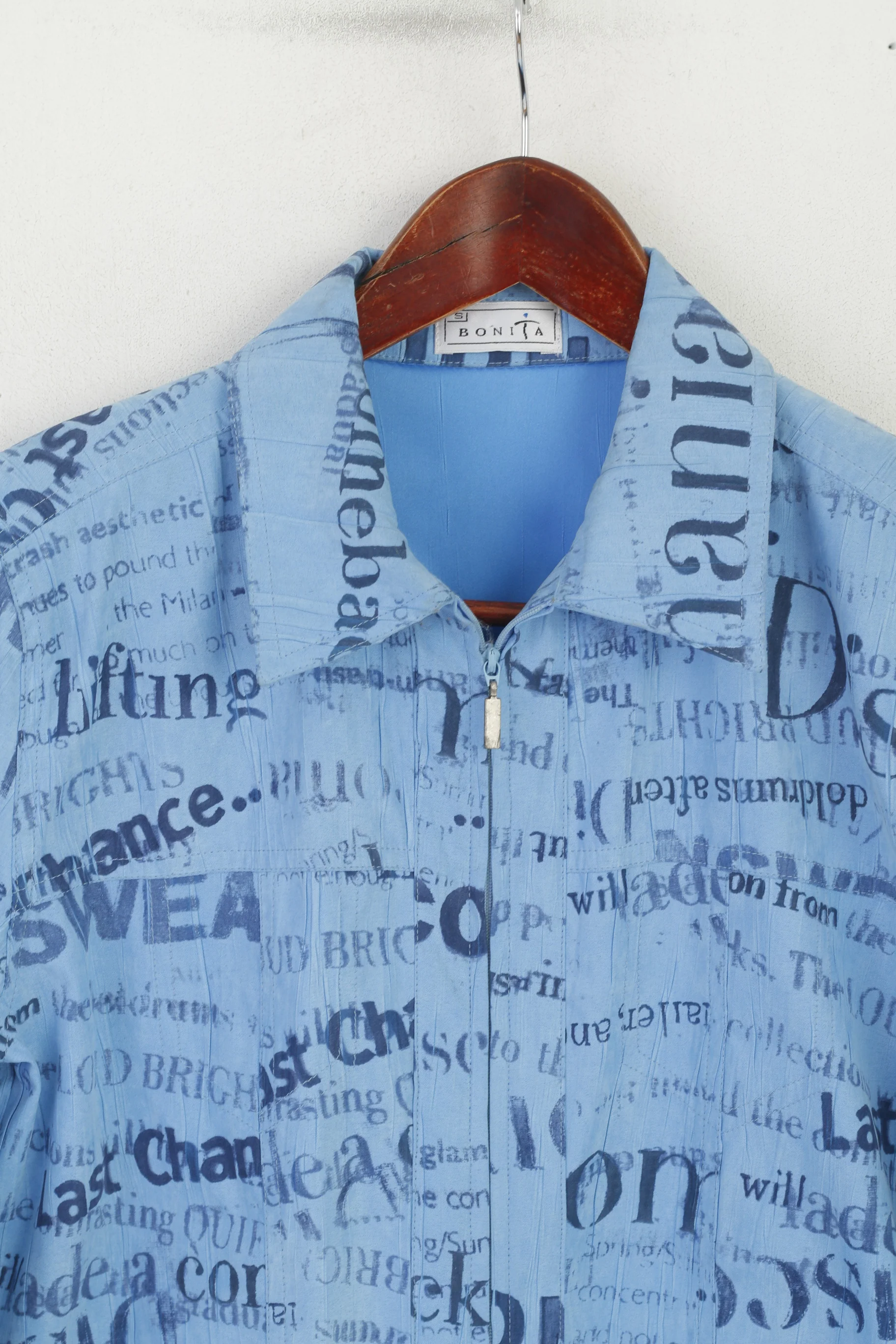 Bonita Women S Casual Shirt Blouse Blue Vintage Full Zip Shoulder Pads retro Top - Image 2