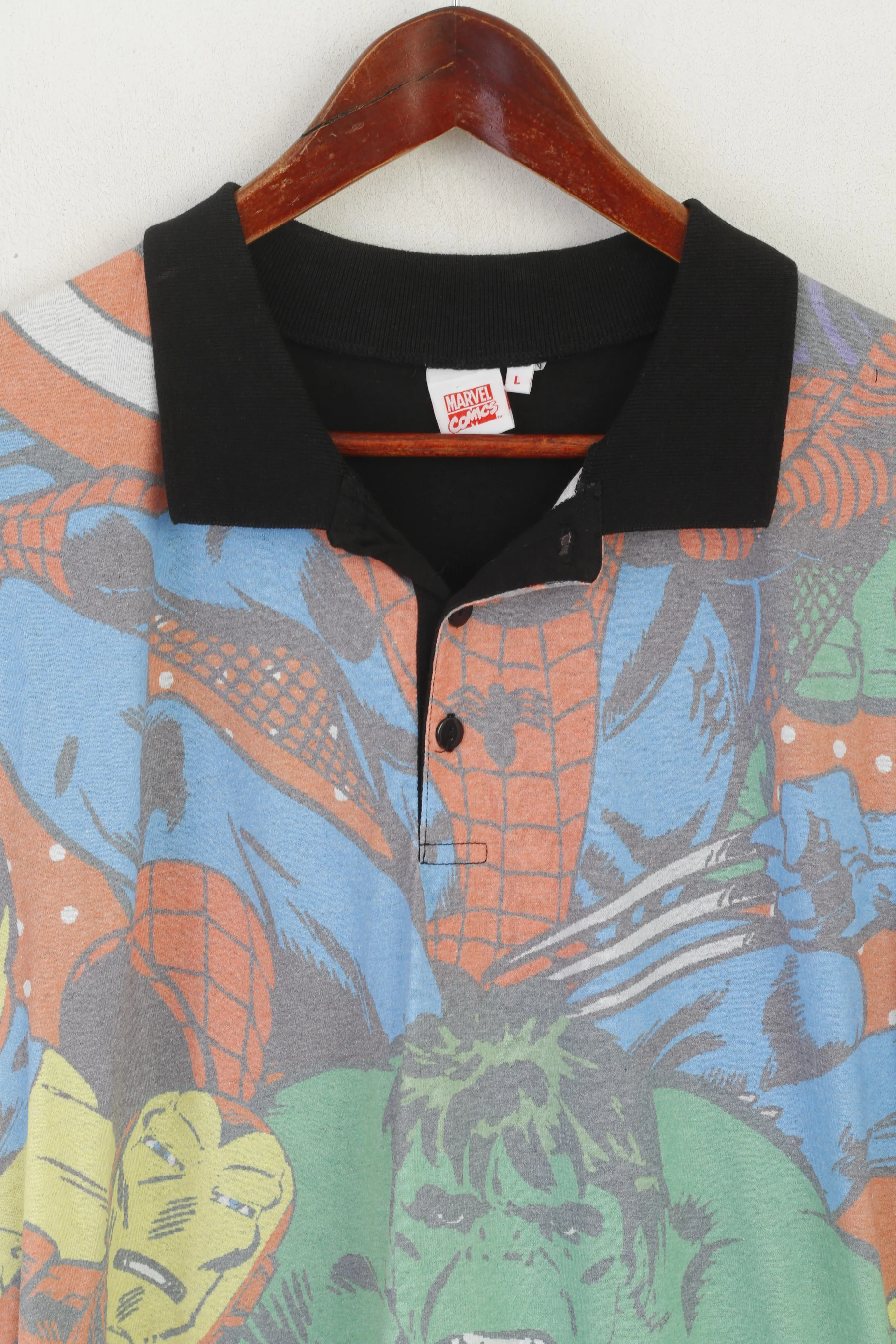Marvel Comics Men L Polo Shirt Black Cotton Superhero Hulk Spiderman Retro Top - Image 2