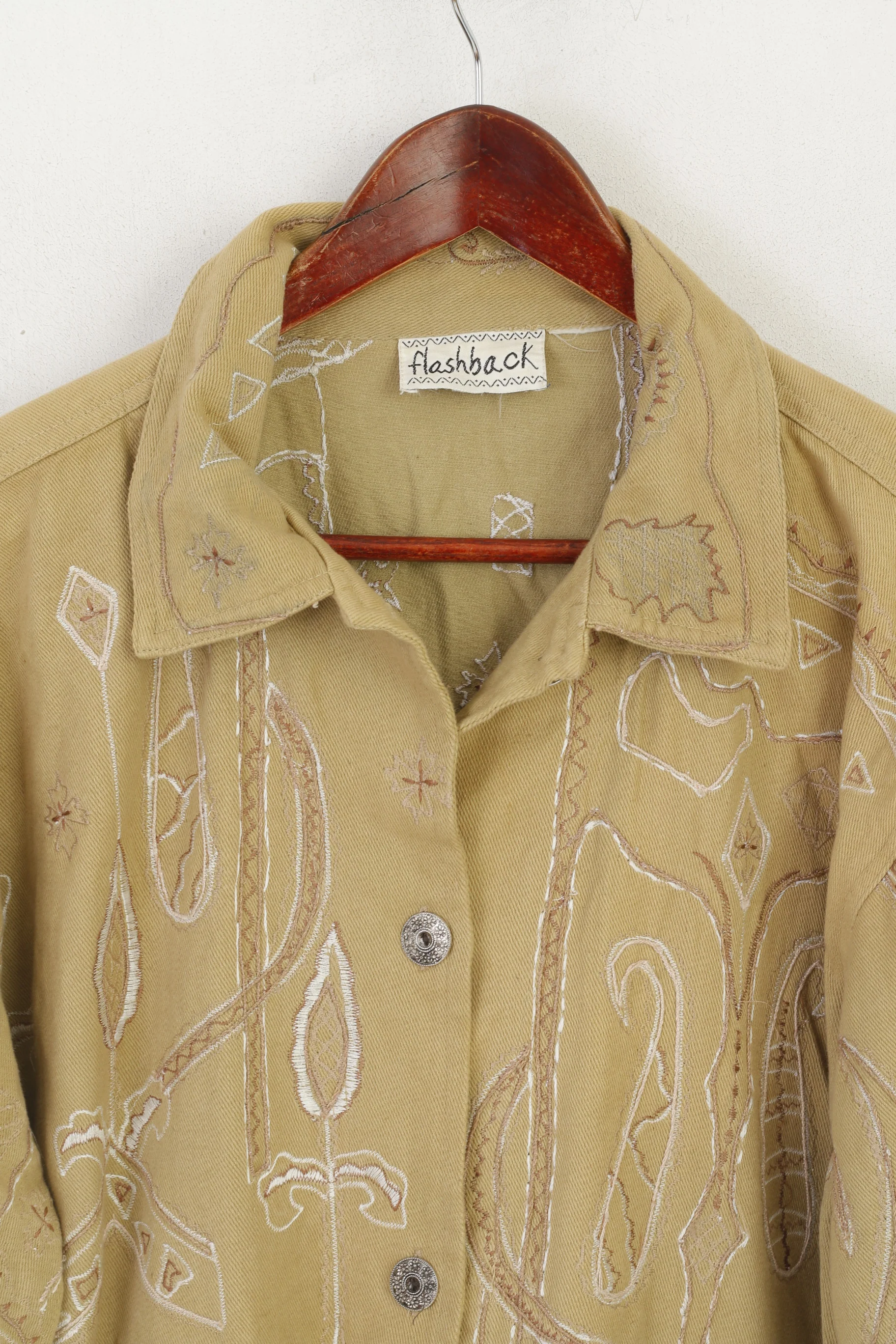Flashback Women XXL Jacket Beige Boho Emroidered Vintage Buttoned Cotton Top - Image 2