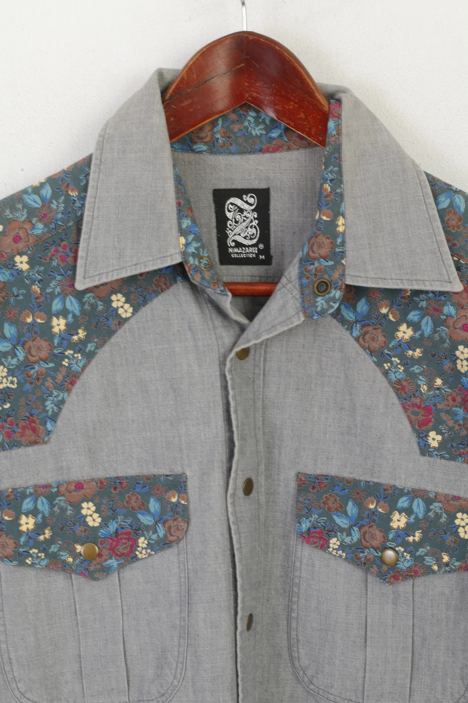 Nima Zaree Collection Men M Casual Shirt Grey Cotton Floral Boho Long Sleeve Top - Image 2