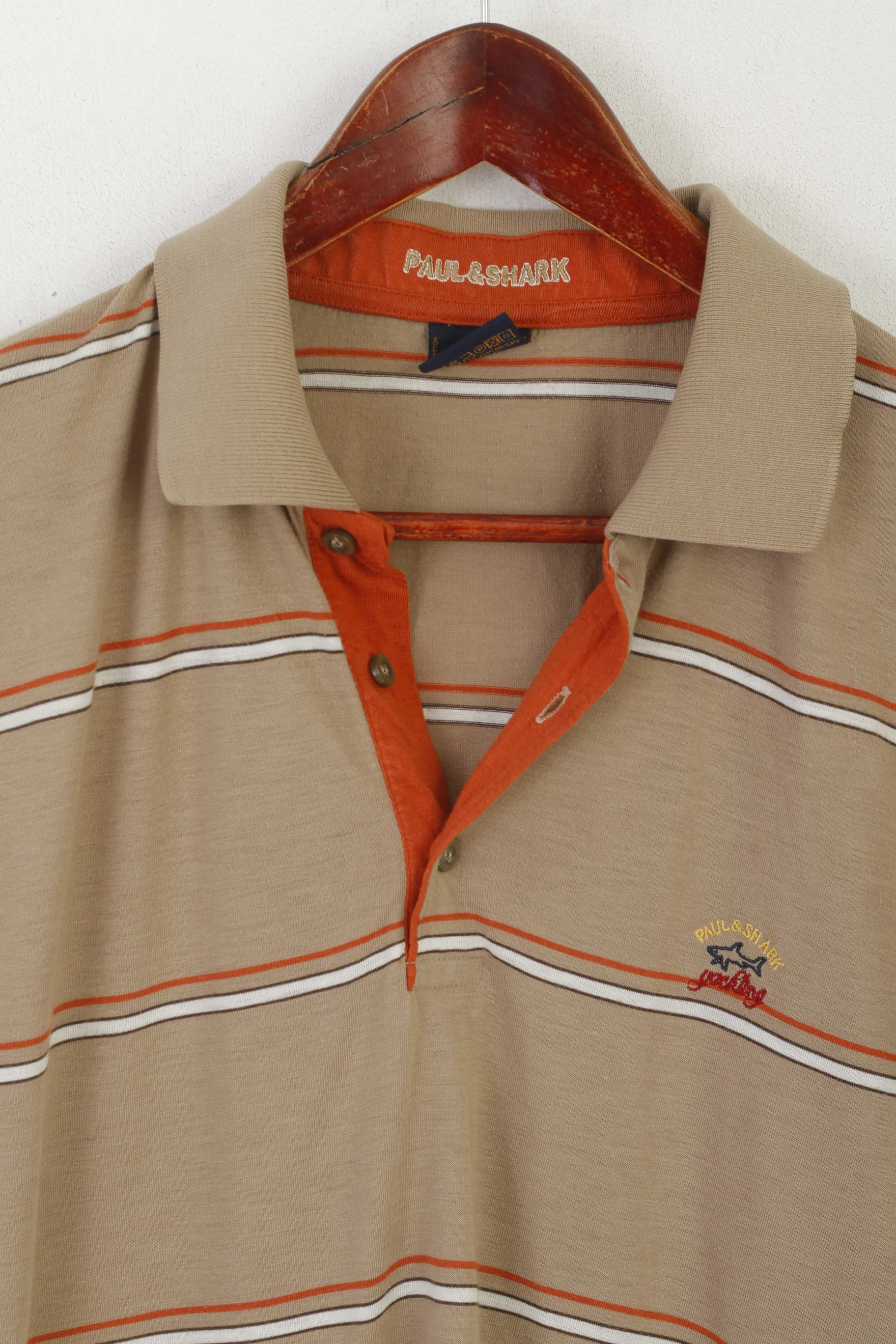 Paul & Shark Yachting Men XL Polo Shirt Beige Striped Cotton Italy Vintage Top - Image 2
