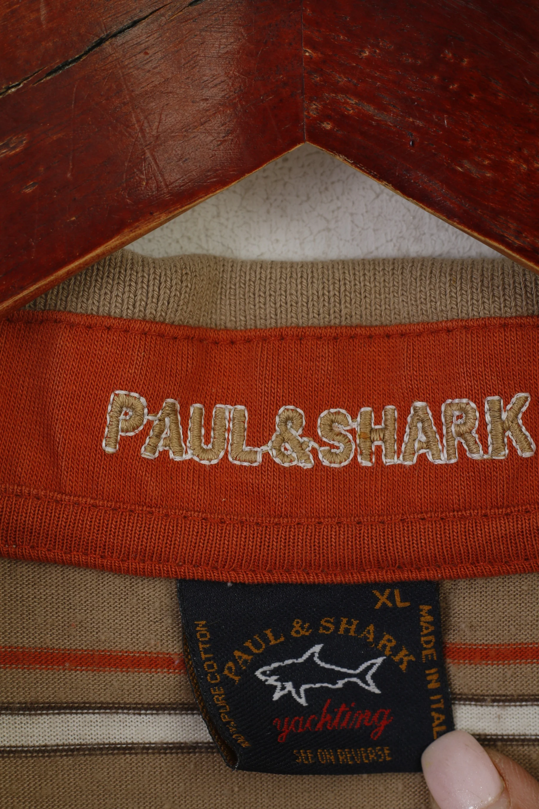 Paul & Shark Yachting Men XL Polo Shirt Beige Striped Cotton Italy Vintage Top - Image 3