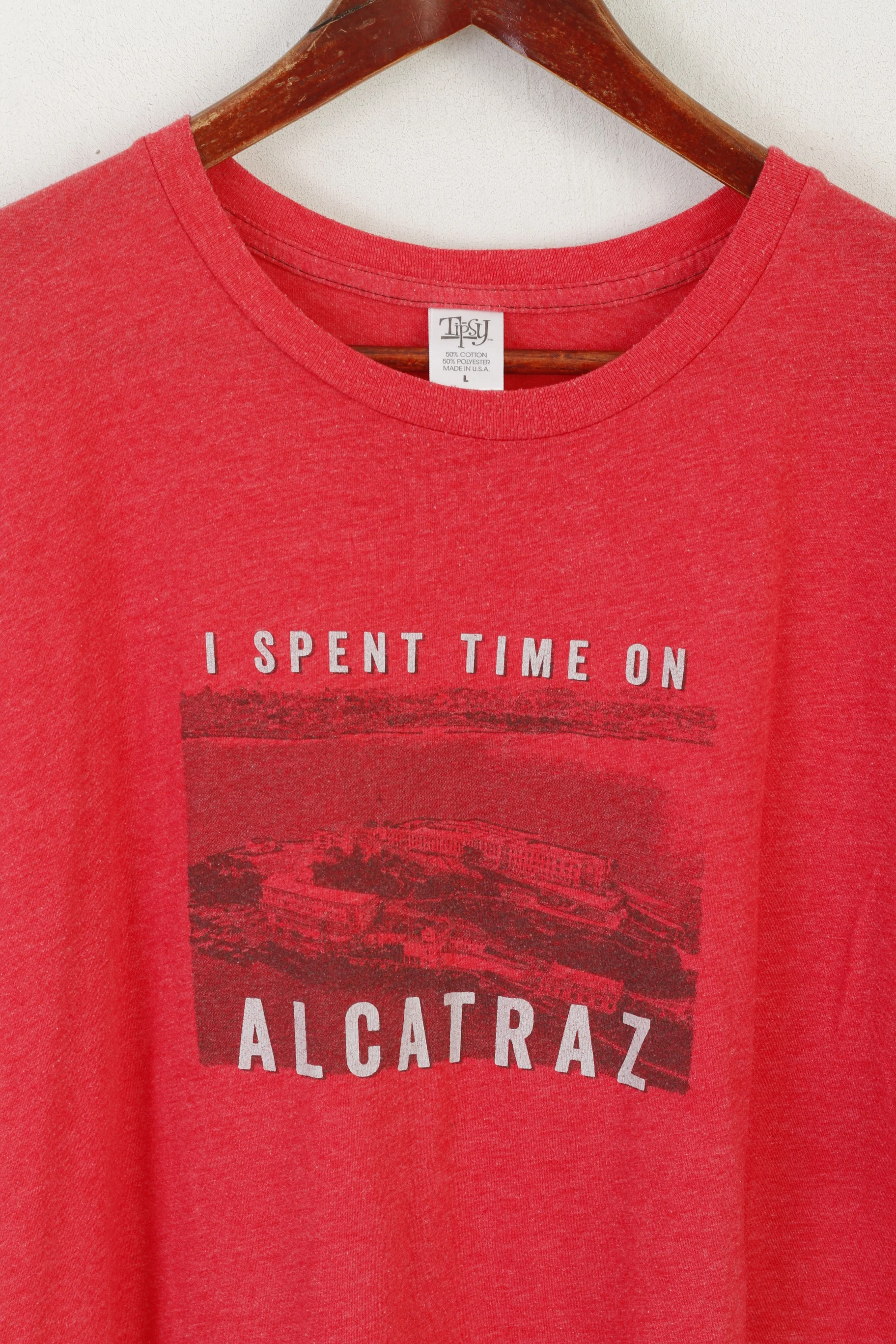 Tipsy Men L T-Shirt Red Cotton Graphic I Spent Time On Alcatraz Top - Image 2