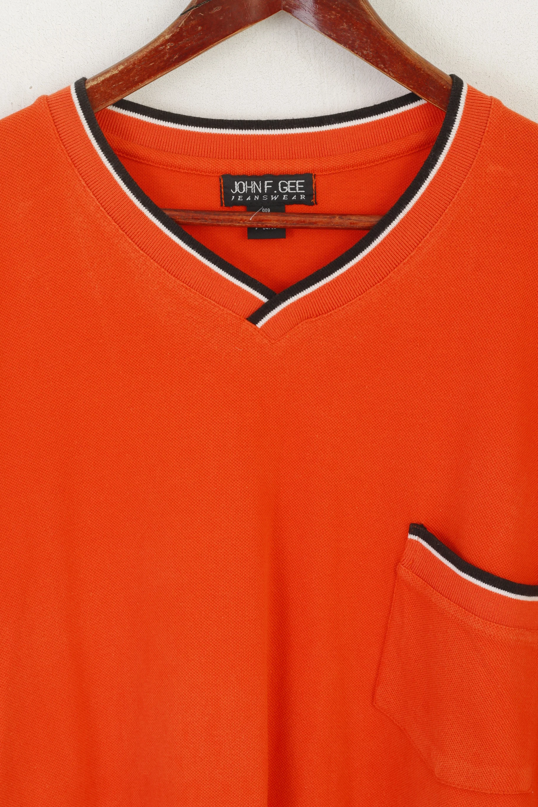 John F. Gee Jeanswear Men 68/70 XXXL T- Shirt Orange Cotton V Neck Vintage 90's Top - Image 2