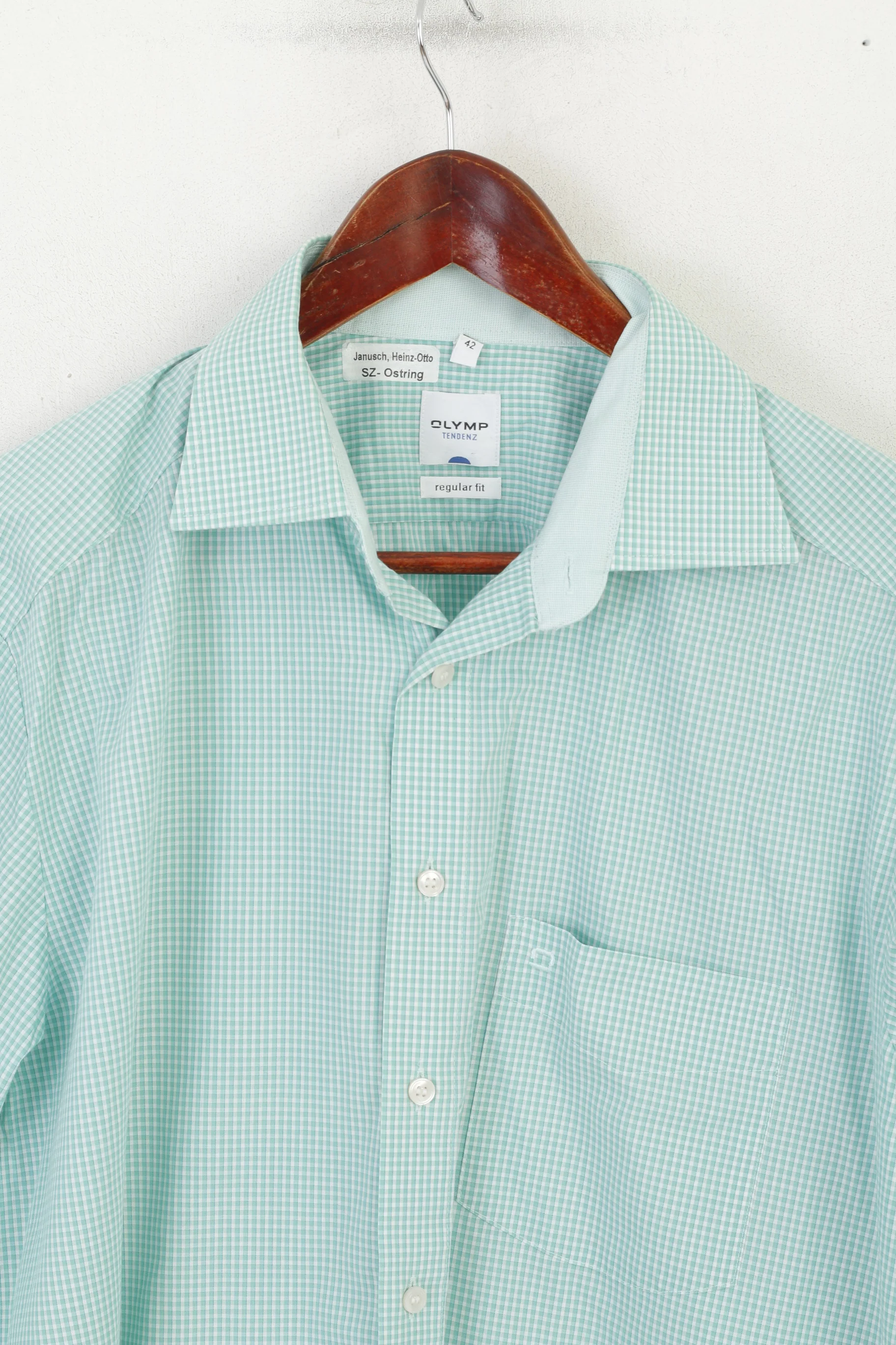 Olymp Tendenz Men 42 L Casual Shirt Green Check Cotton Regular Fit Long Sleeve Top - Image 2