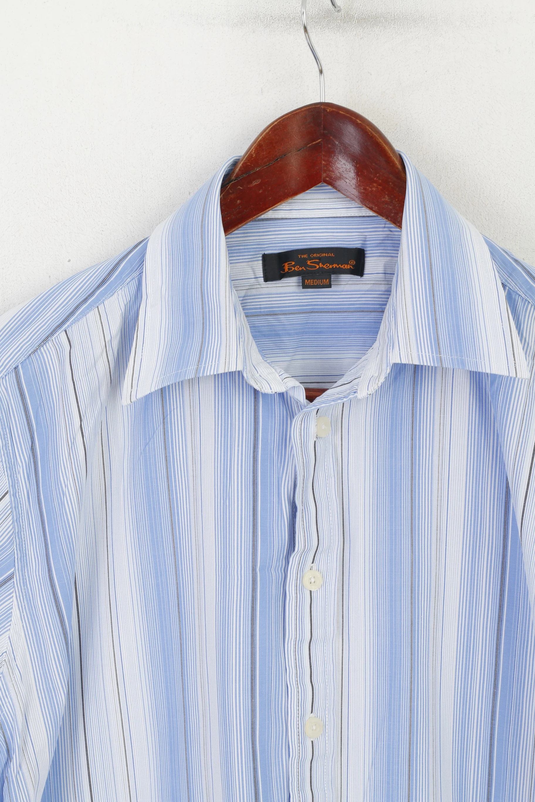 Ben Sherman Men M Casual Shirt Blue Cotton Striped Short Sleeve Top - Image 2