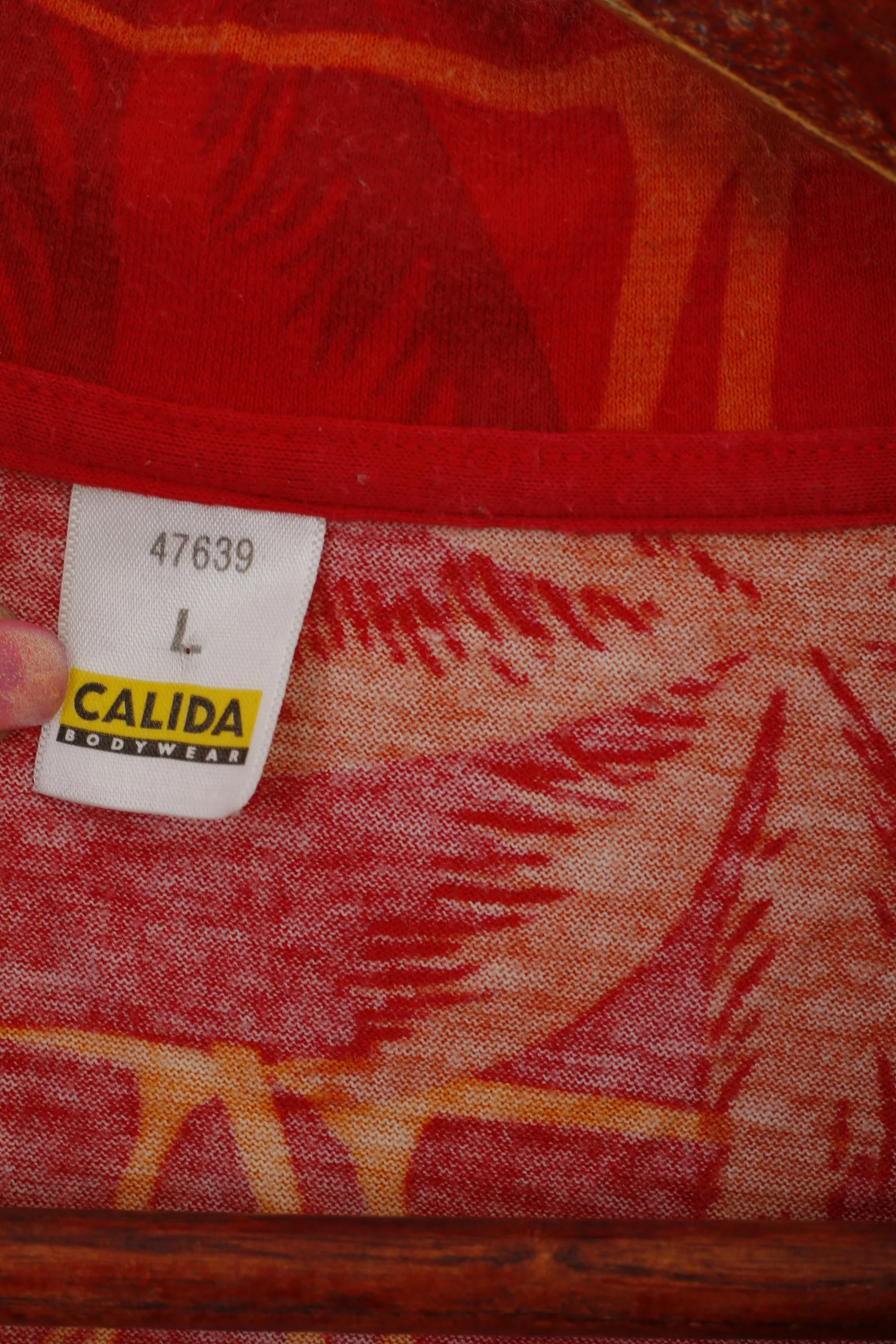 Calida Men L Casual Shirt Red Cotton Soft Palms Print Hawaii Short Sleeve Top - Image 3