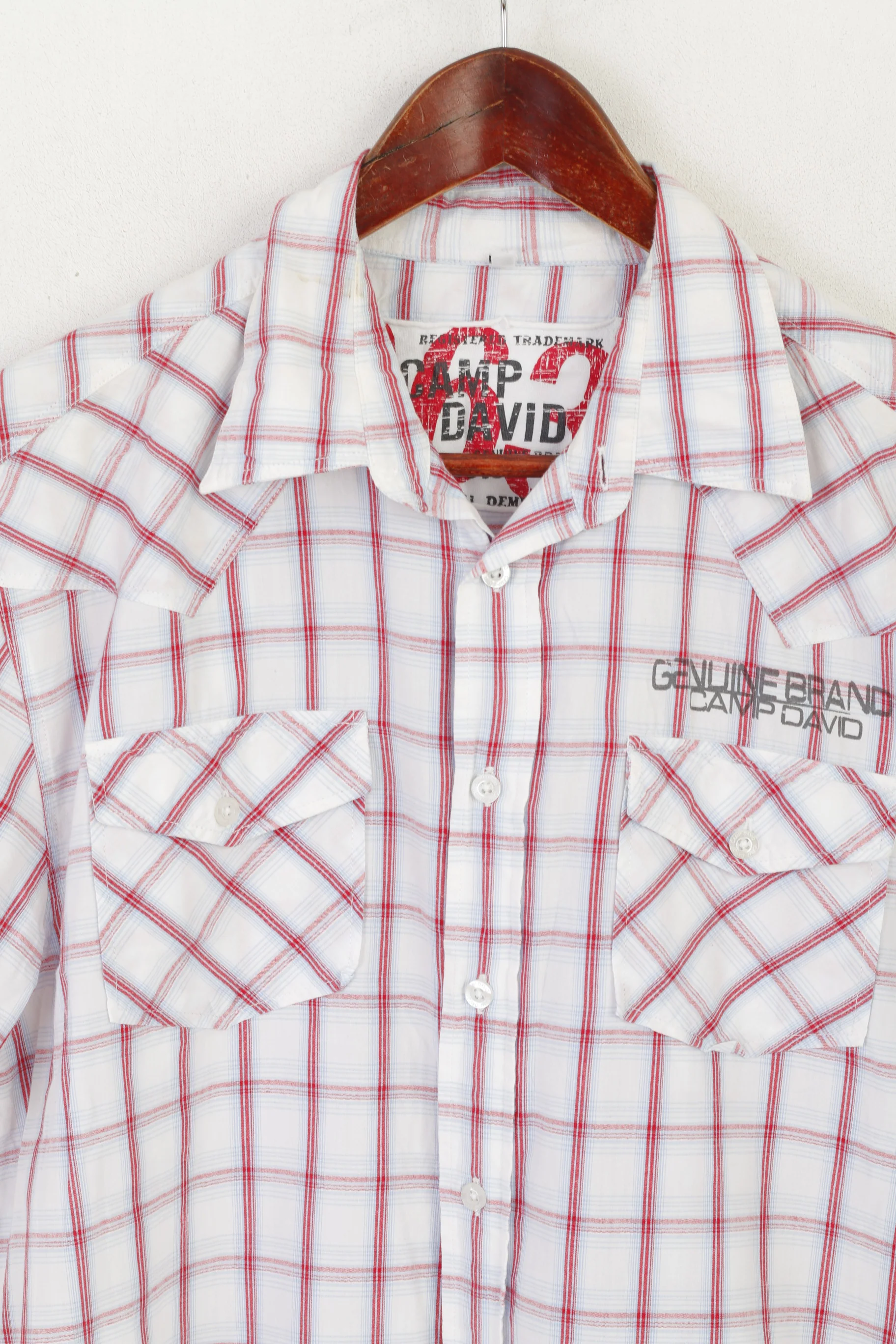 Camp David Men L (M) Casual Shirt Blue Check Vintage Cotton Short SleeveTop - Image 2