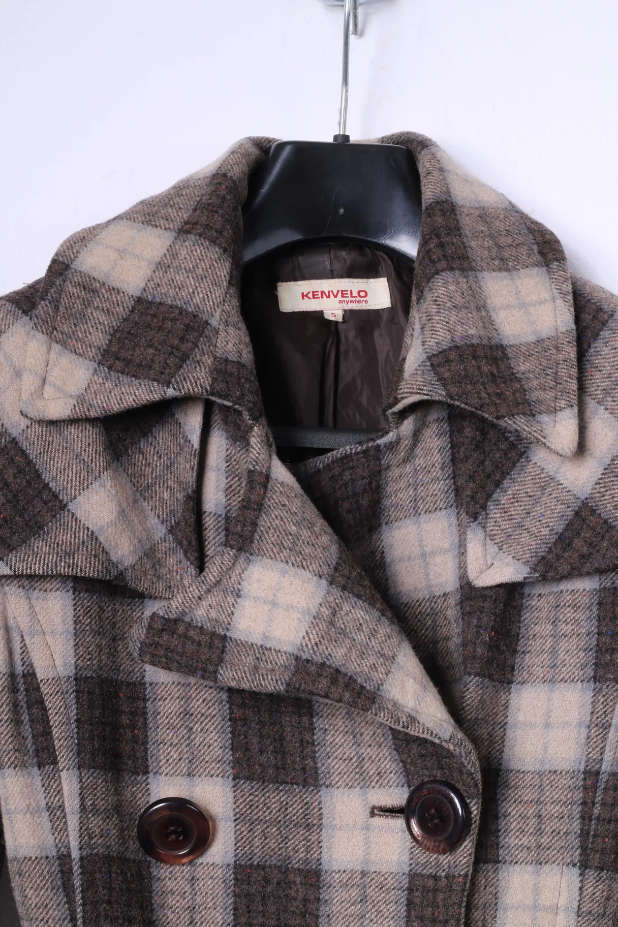 Kenvelo Womens S Coat Brown Check Wool Double Breasted Belted Classic Top - Image 2