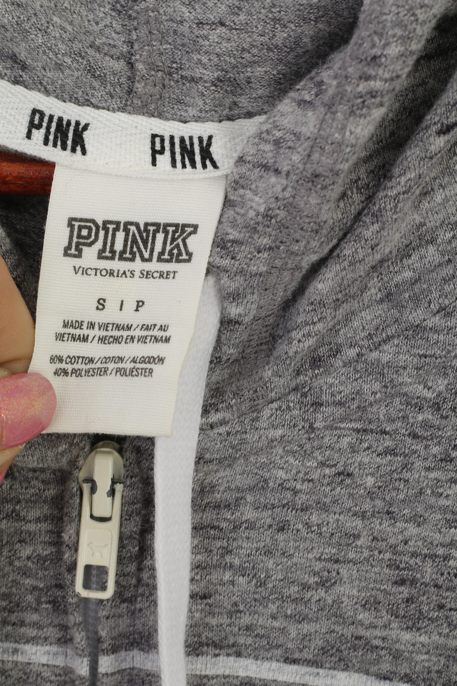 PINK Women S Sweatshirt Gray Cotton Full Zip Hooded Victoria's Secret Top - Image 4