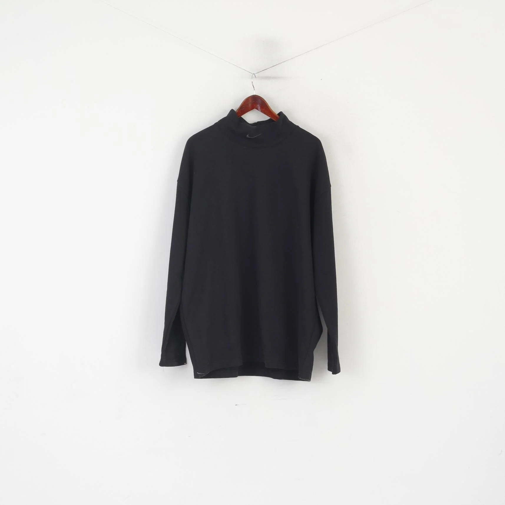 Nike Men L Swetashirt Black Cotton Logo Turtle Neck Oversize Sportswear Top
