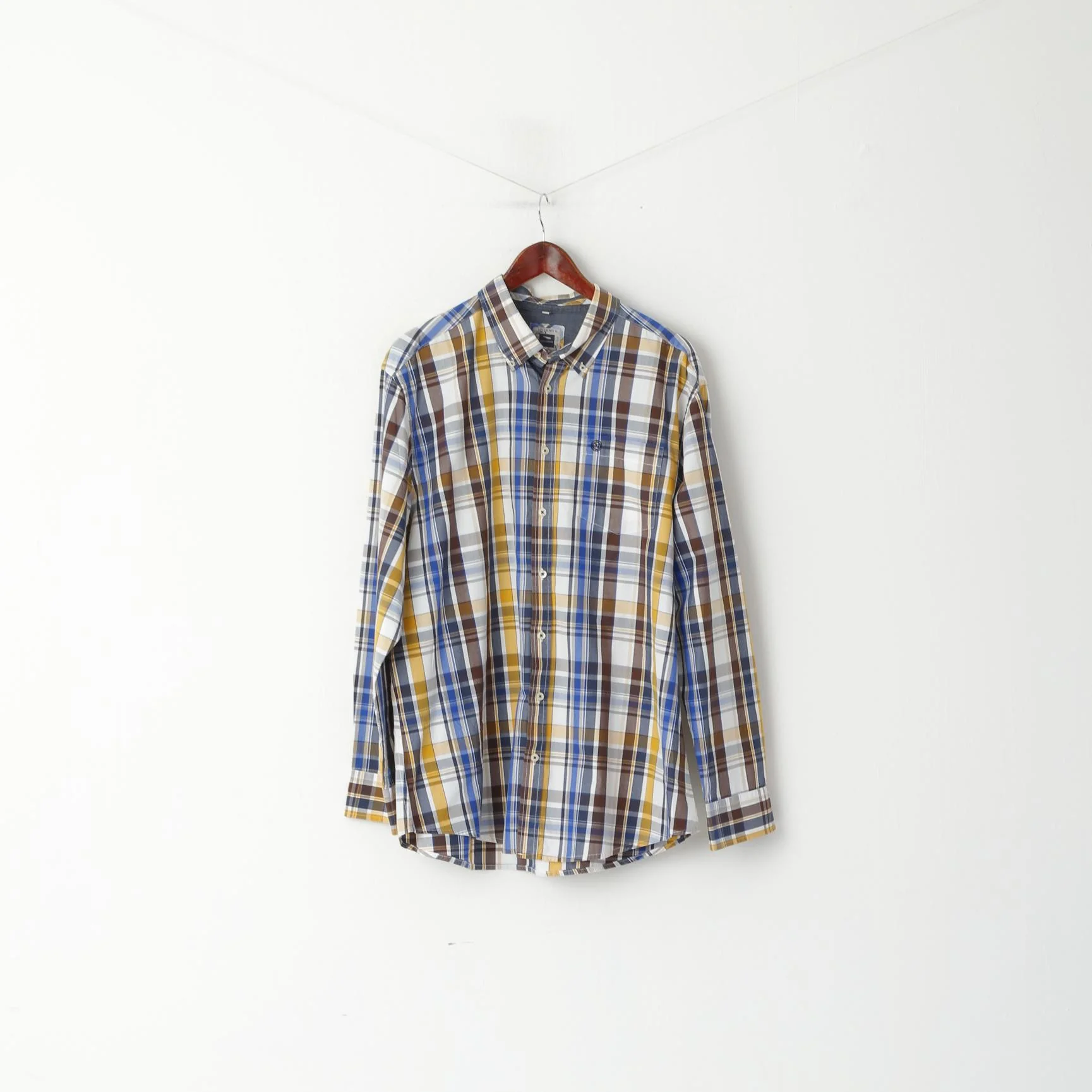 Jean Carriere Men XXL Casual Shirt Blue Check Cotton Basic Long Sleeve Top